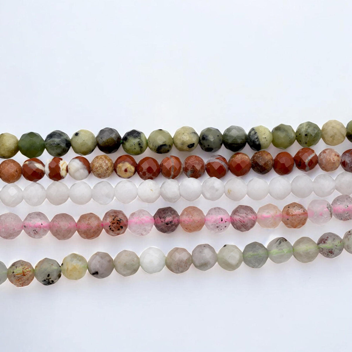 4mm Faceted Round Mixed Stone Strand Natural Gemstone Beads, Earth Tones (Strawberry Quartz, Moonstone, Jasper, Semi Precious)