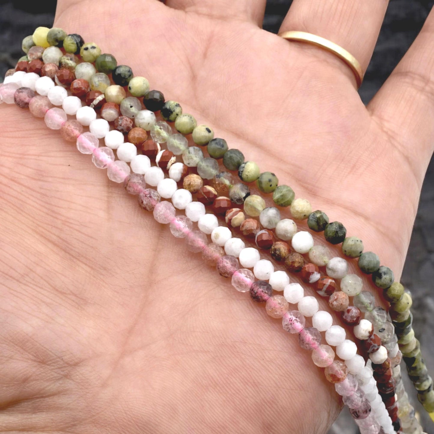 4mm Faceted Round Mixed Stone Strand Natural Gemstone Beads, Earth Tones (Strawberry Quartz, Moonstone, Jasper, Semi Precious)