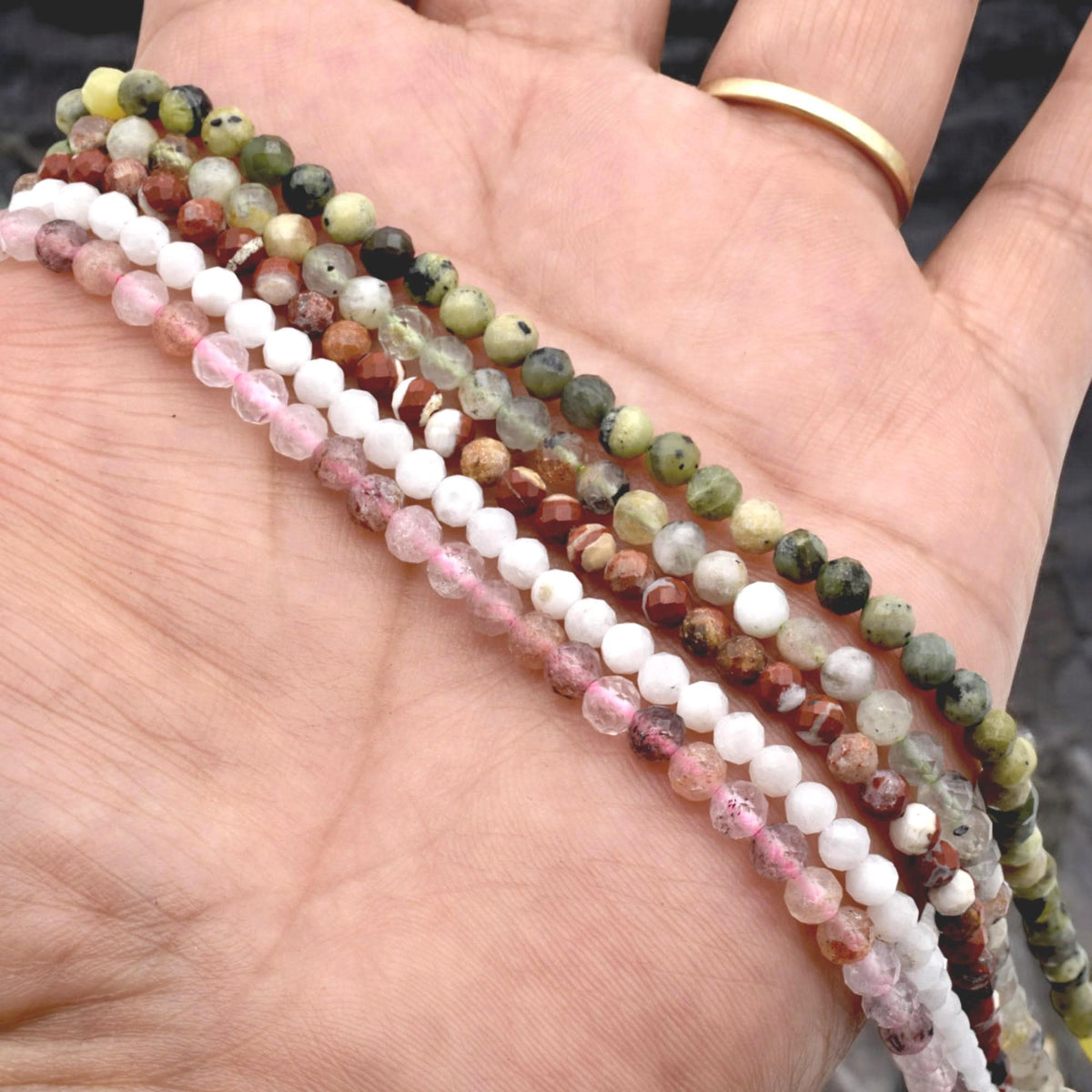 4mm Faceted Round Mixed Stone Strand Natural Gemstone Beads, Earth Tones (Strawberry Quartz, Moonstone, Jasper, Semi Precious)