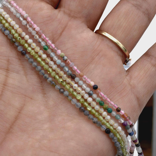 Faceted Round Mixed Stone Beads Micro Strand, 2.5mm Pastel Semi Precious Gemstones (Polished Faceted, Multiple Strand Lengths)