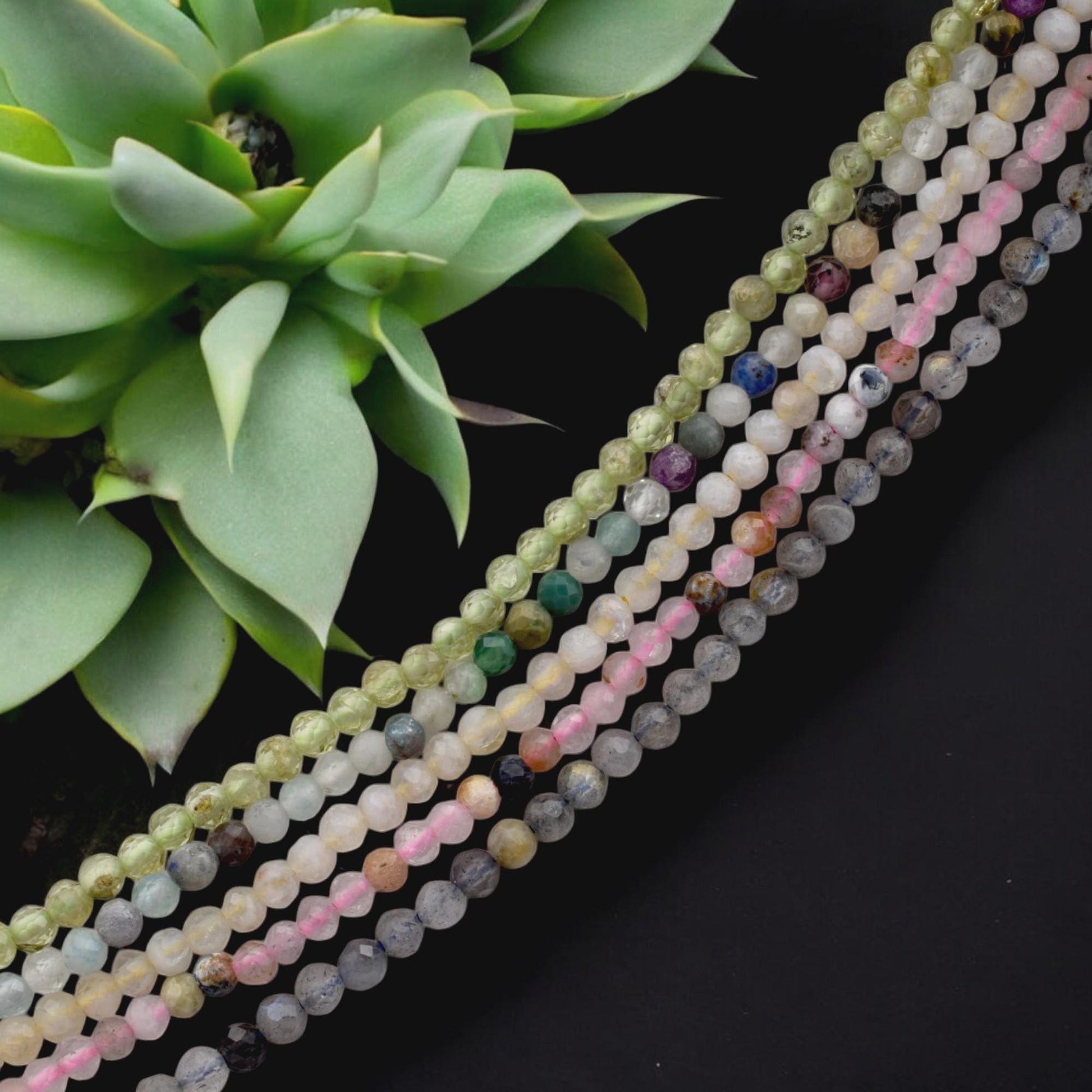 Faceted Round Mixed Stone Beads Micro Strand, 2.5mm Pastel Semi Precious Gemstones (Polished Faceted, Multiple Strand Lengths)