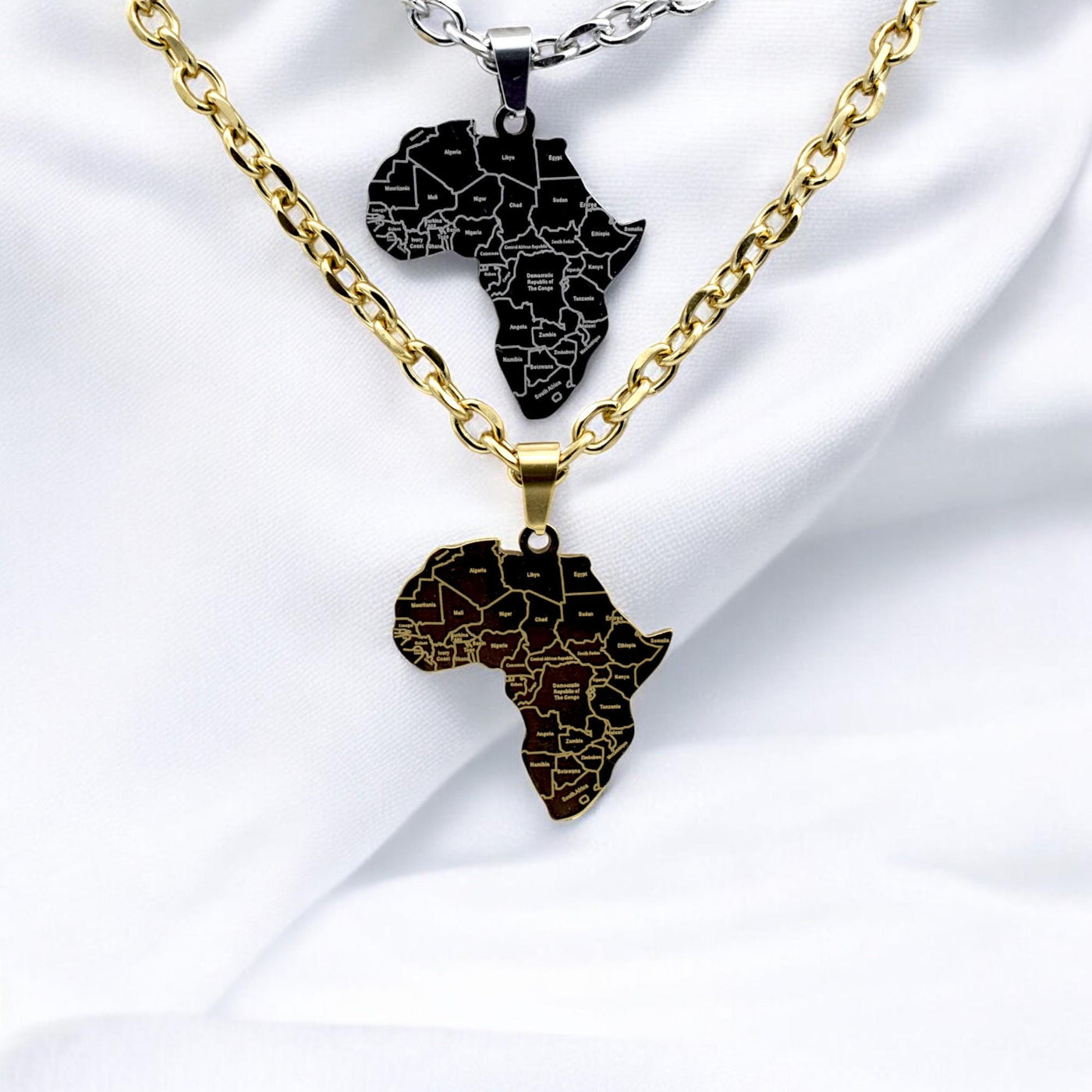 Africa Map Pendant Stainless Steel 27x37mm – Gold & Silver Tone Charm for Necklace, African Jewelry, Laser Engraved Countr...