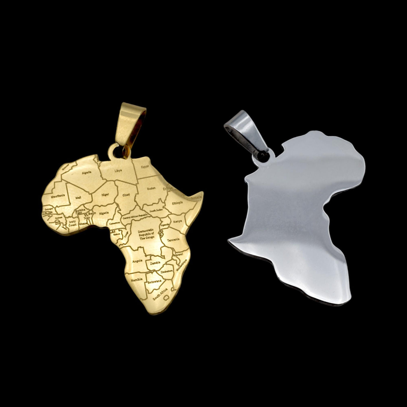 Africa Map Pendant Stainless Steel 27x37mm – Gold & Silver Tone Charm for Necklace, African Jewelry, Laser Engraved Countr...
