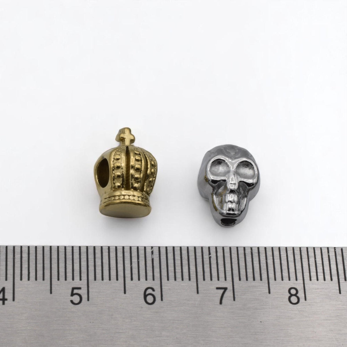 Gold Plated Crown Beads Set, Silver Skull Spacers, Gothic Fantasy Jewelry (12pcs, Lead-Free Metal, Smooth Finish)