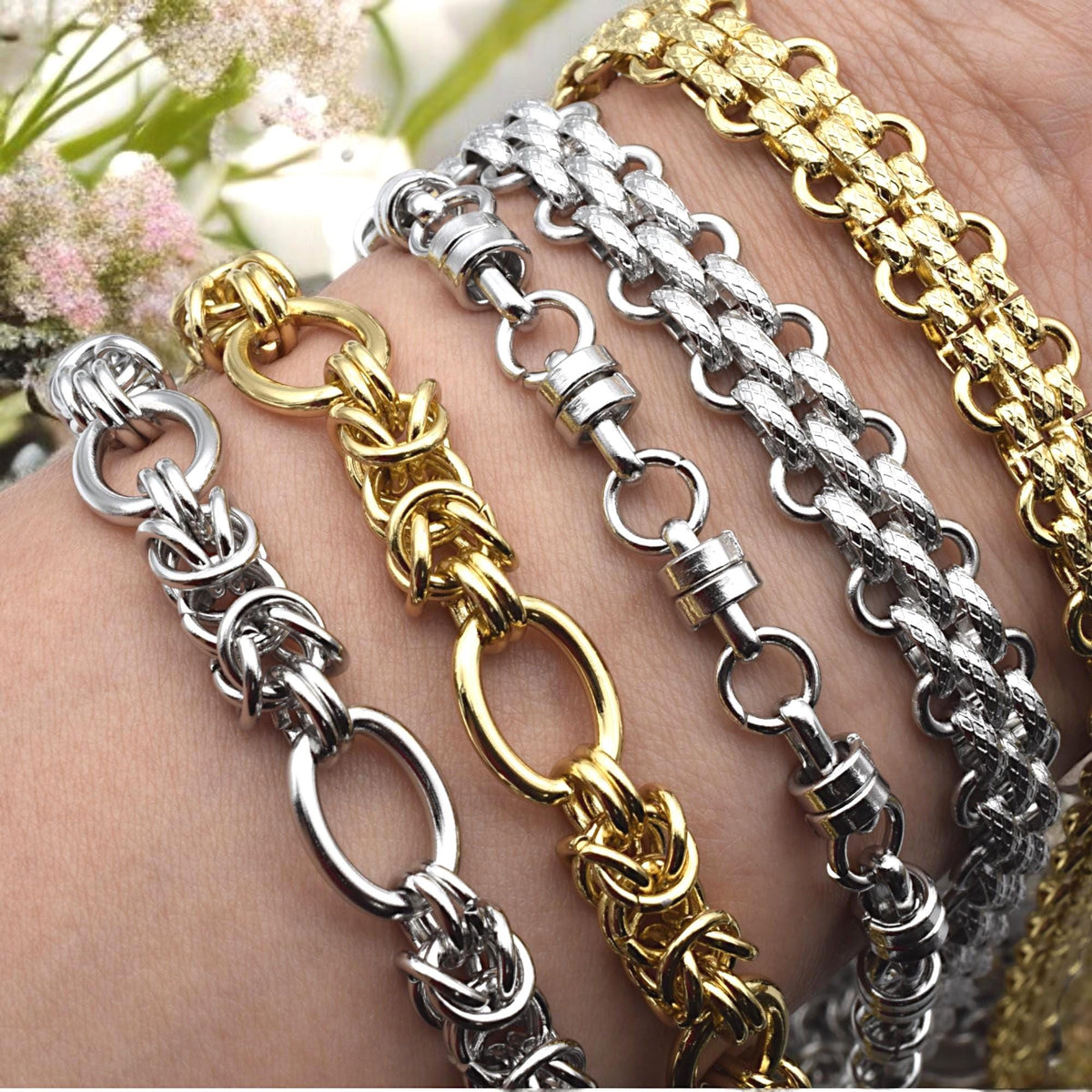 Gold And Silver Oval Link Chain, Textured Stainless Steel (Heavy Duty Links, Gold Finishing, Sold By Yard)