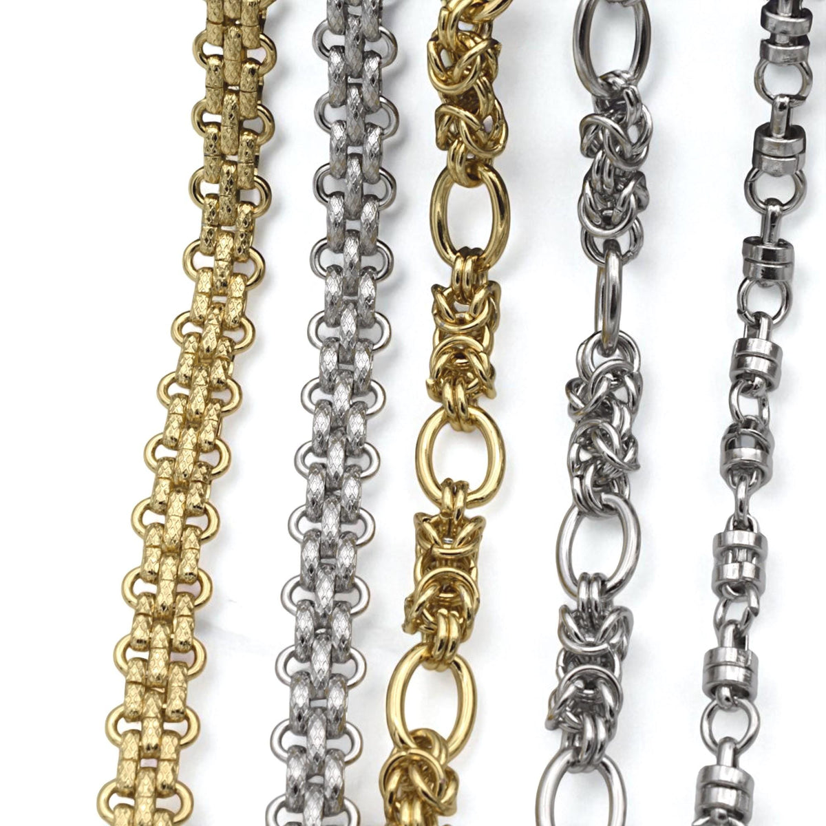 Gold And Silver Oval Link Chain, Textured Stainless Steel (Heavy Duty Links, Gold Finishing, Sold By Yard)