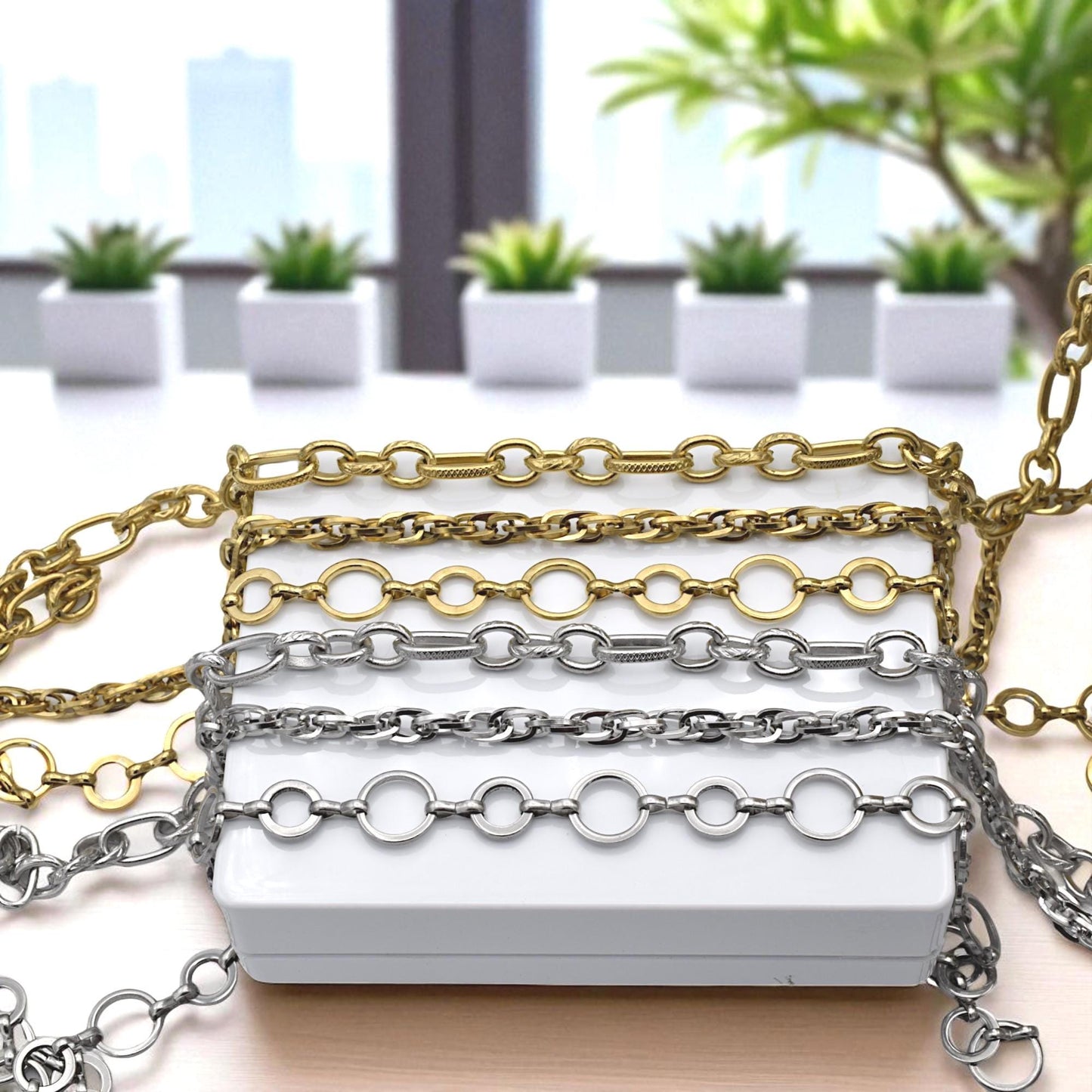 Textured Chain Links Oval - Gold & Silver Mixed Metal Chains - Jewelry Making Supplies, Durable Steel, Custom Length by Yard