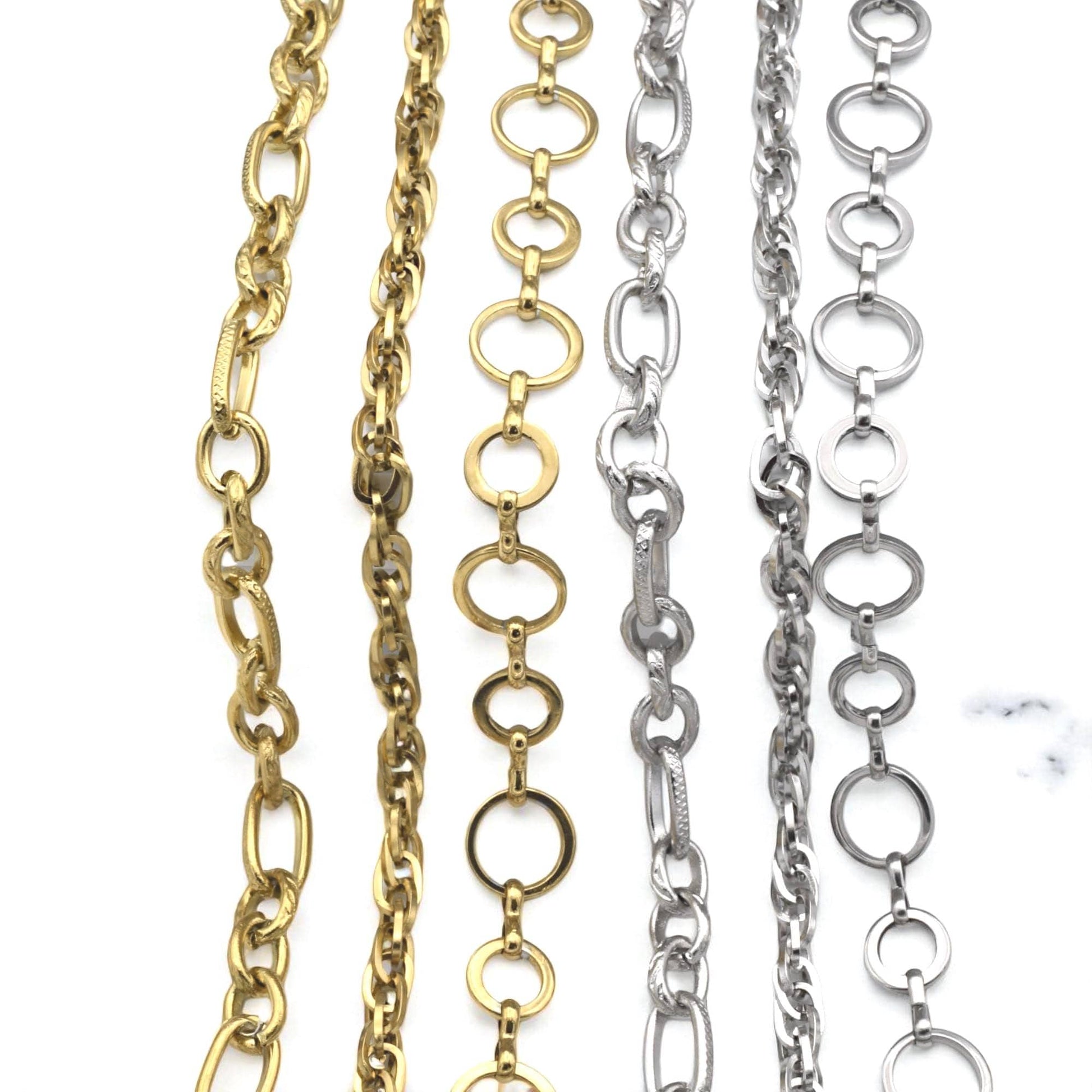 Link Chains Gold Plated: Oval & Circle Textured Styles - Stainless Steel, Craft Jewelry Making, Bracelets, Necklaces