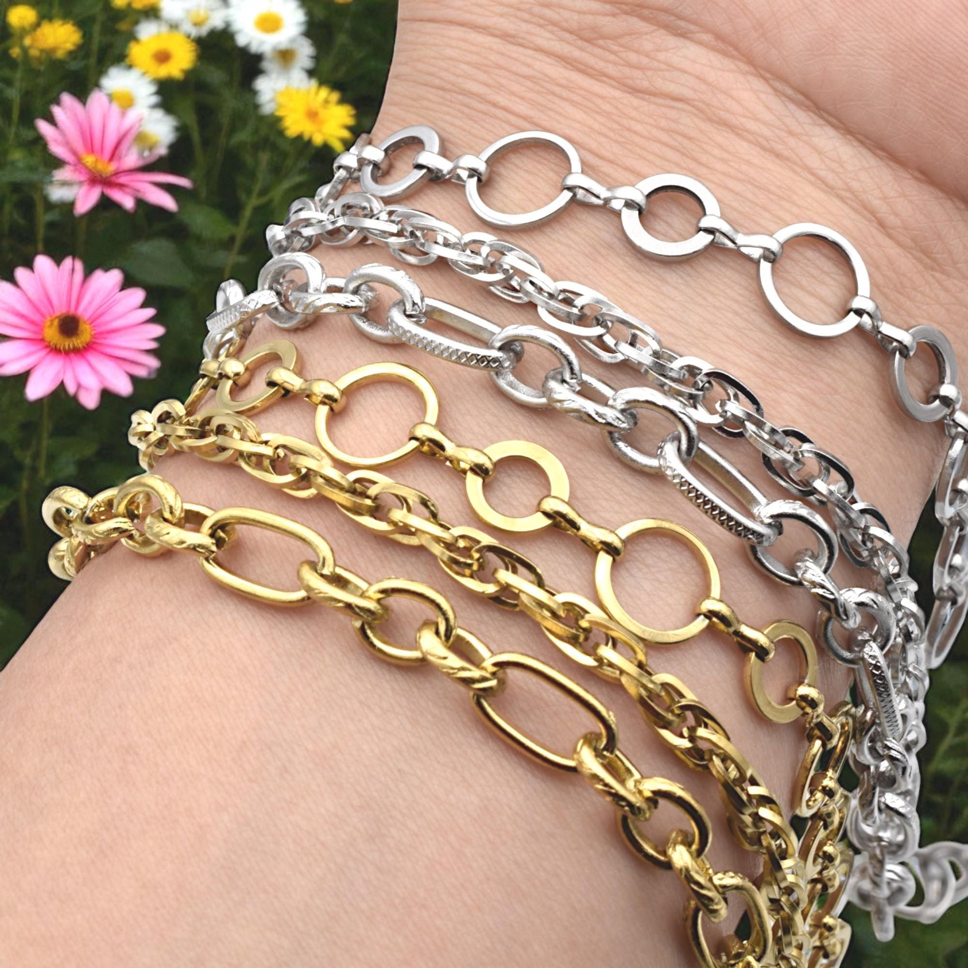 Link Chains Gold Plated: Oval & Circle Textured Styles - Stainless Steel, Craft Jewelry Making, Bracelets, Necklaces