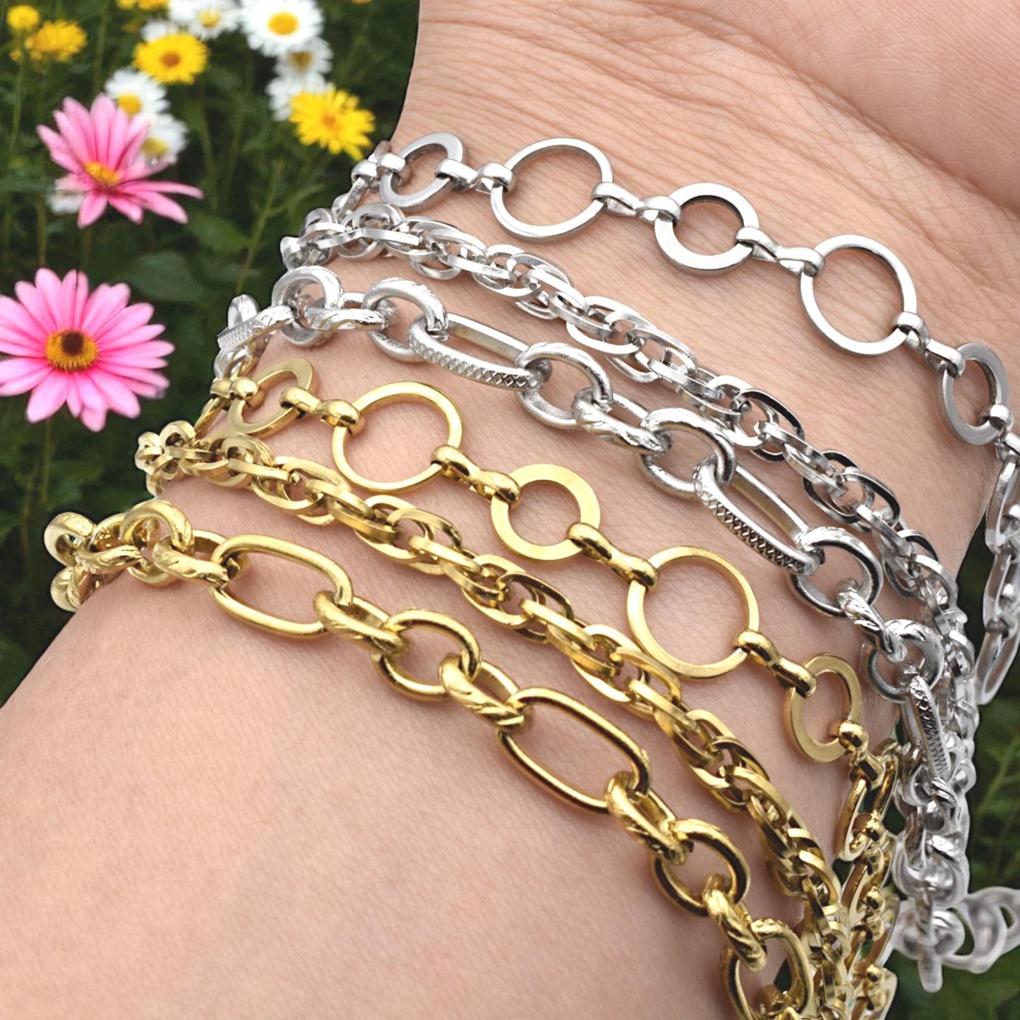 Textured Chain Links Oval - Gold & Silver Mixed Metal Chains - Jewelry Making Supplies, Durable Steel, Custom Length by Yard