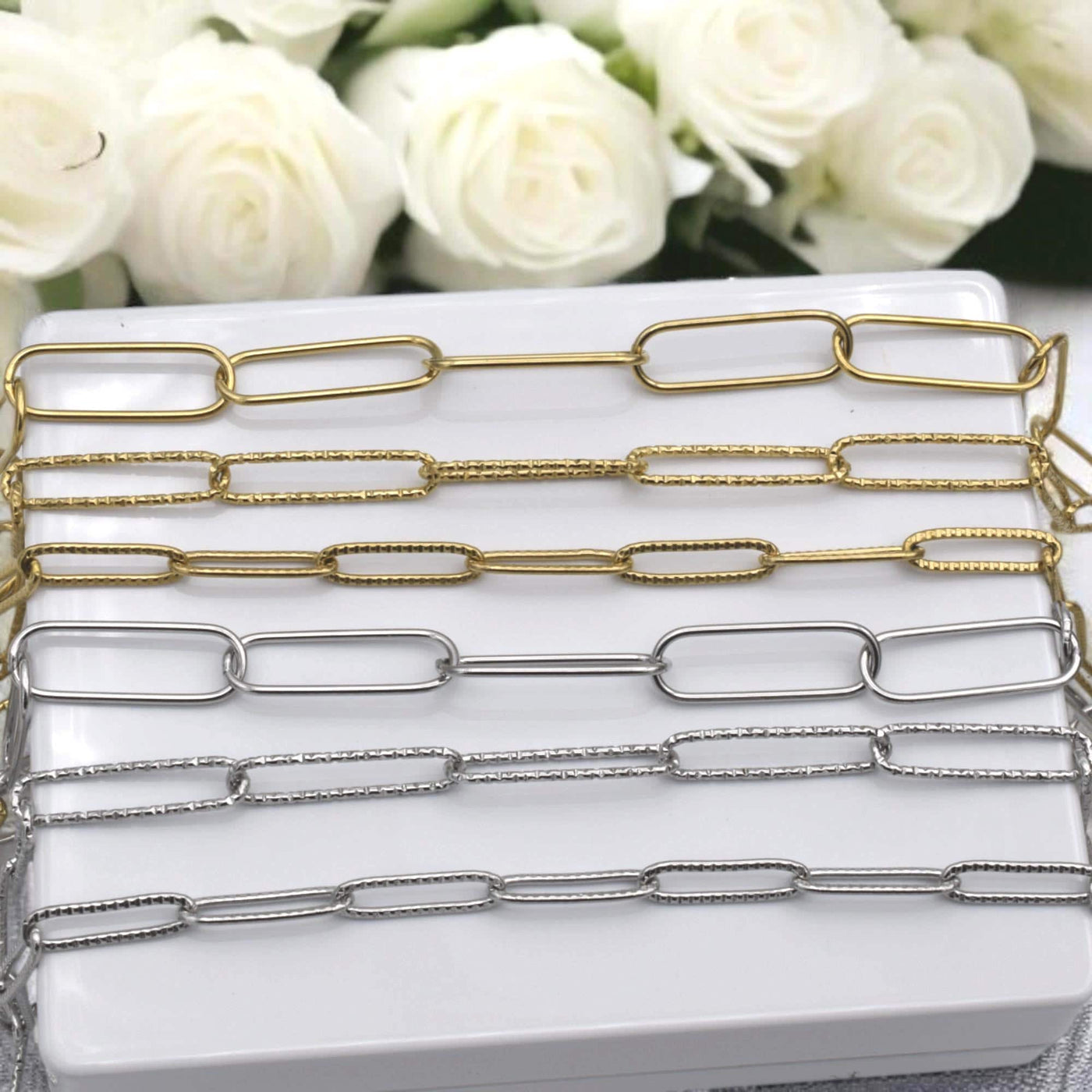 Stainless Steel Paperclip Chain Links – Gold & Silver Rectangle Chains for Jewelry Making – Textured Smooth Link Chain by...