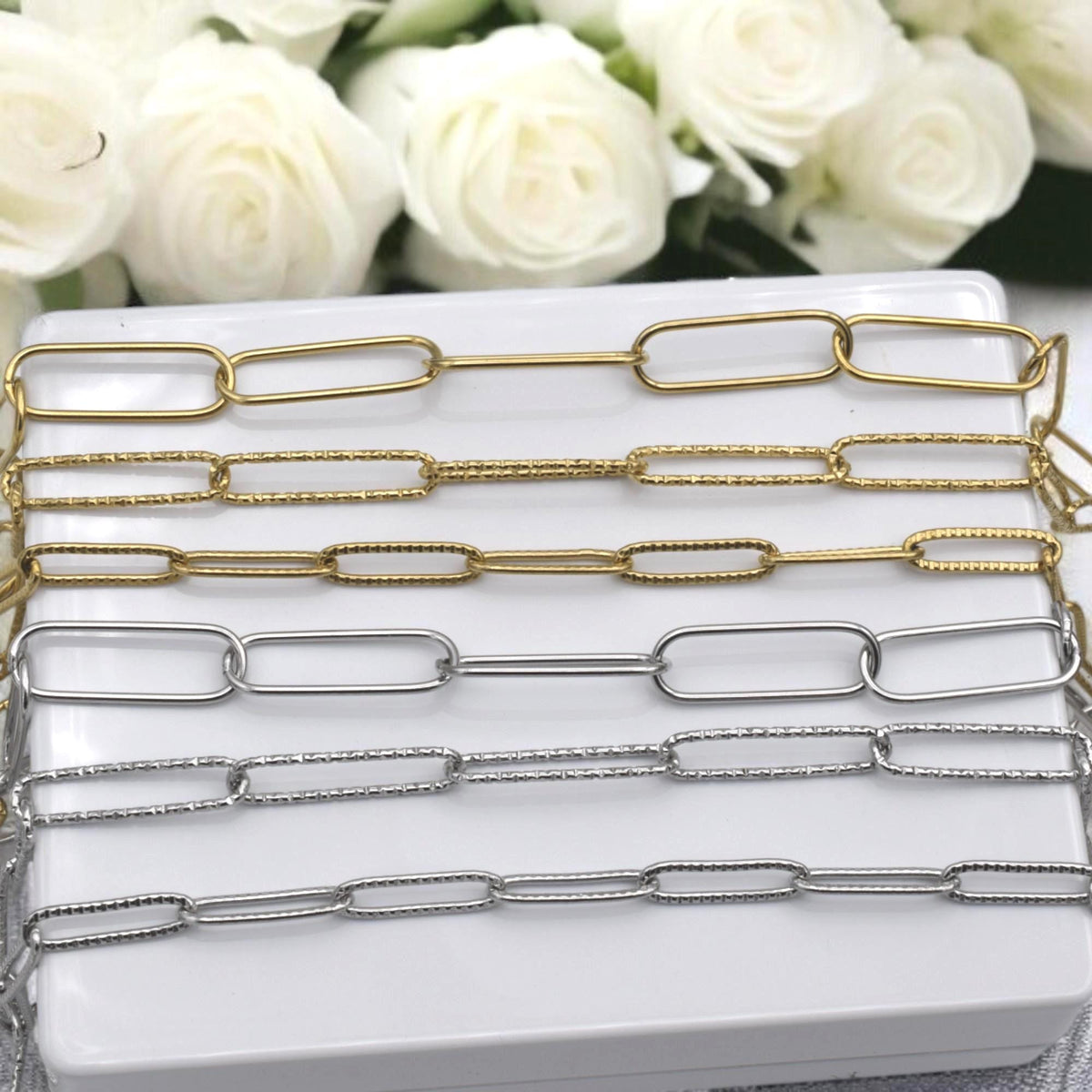 Gold Finish Paperclip Chain Links: Rectangular Hammered & Smooth, Stainless Steel | Custom Lengths, Jewelry Making Supplies