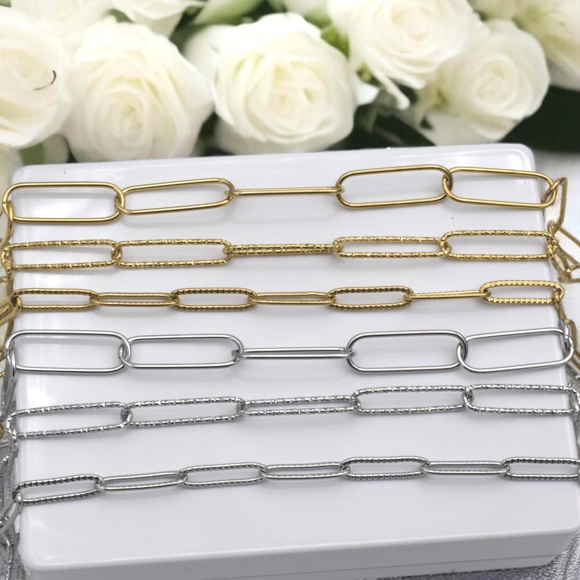 Gold Finish Paperclip Chain Links: Rectangular Hammered & Smooth, Stainless Steel | Custom Lengths, Jewelry Making Supplies
