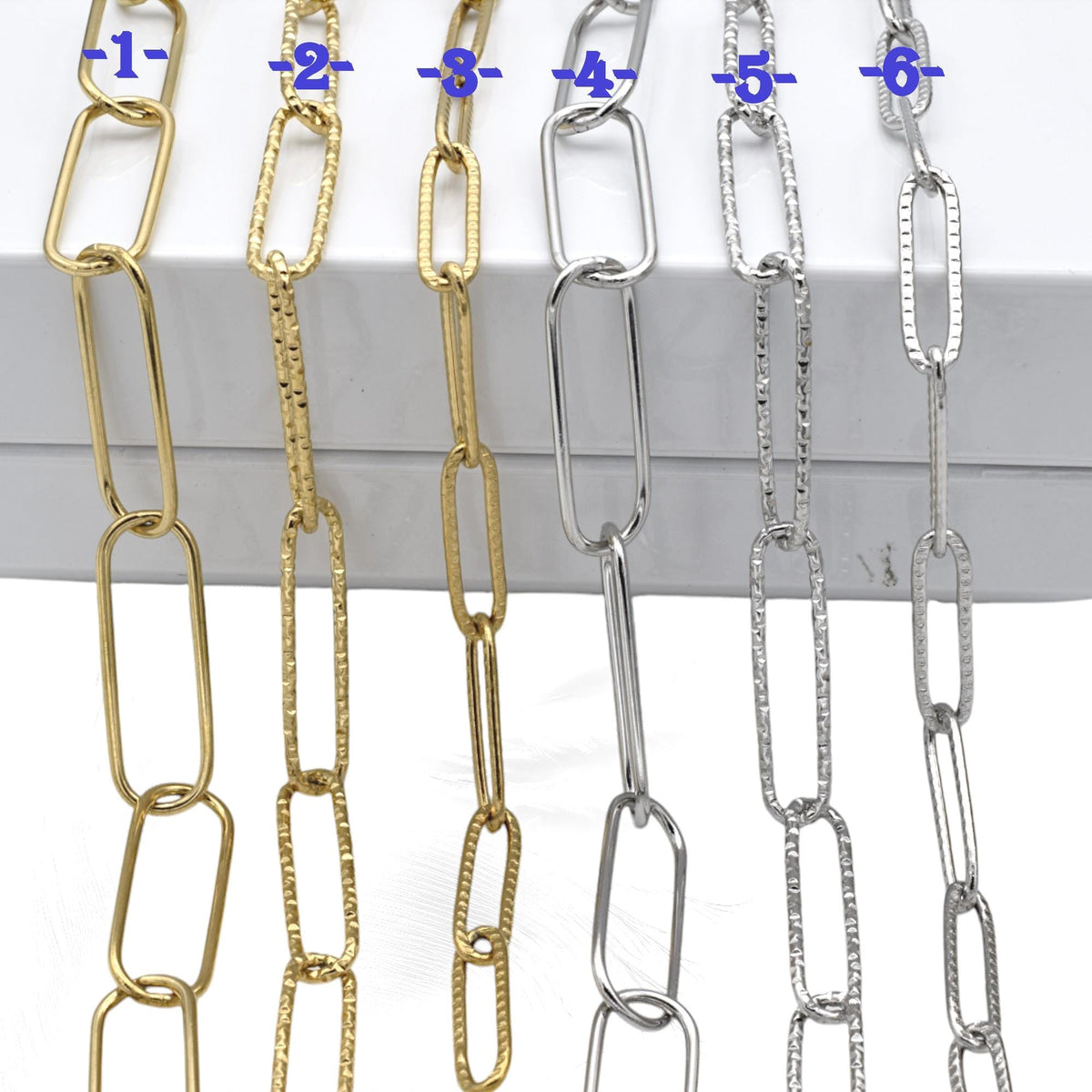 Gold Finish Paperclip Chain Links: Rectangular Hammered & Smooth, Stainless Steel | Custom Lengths, Jewelry Making Supplies