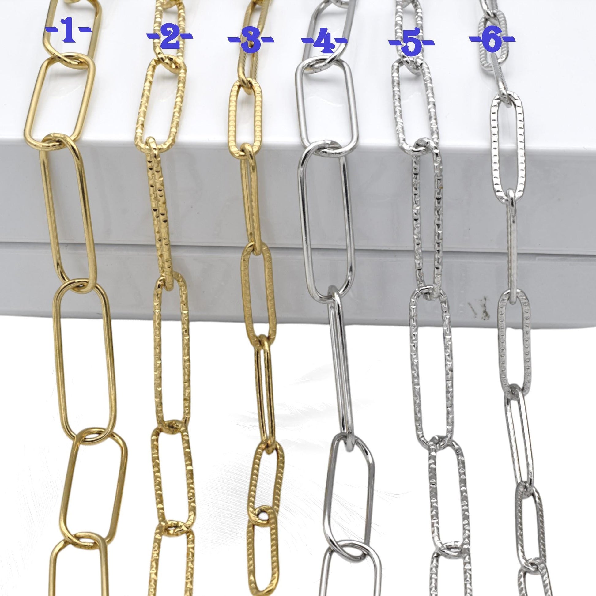 Gold Finish Paperclip Chain Links: Rectangular Hammered & Smooth, Stainless Steel | Custom Lengths, Jewelry Making Supplies