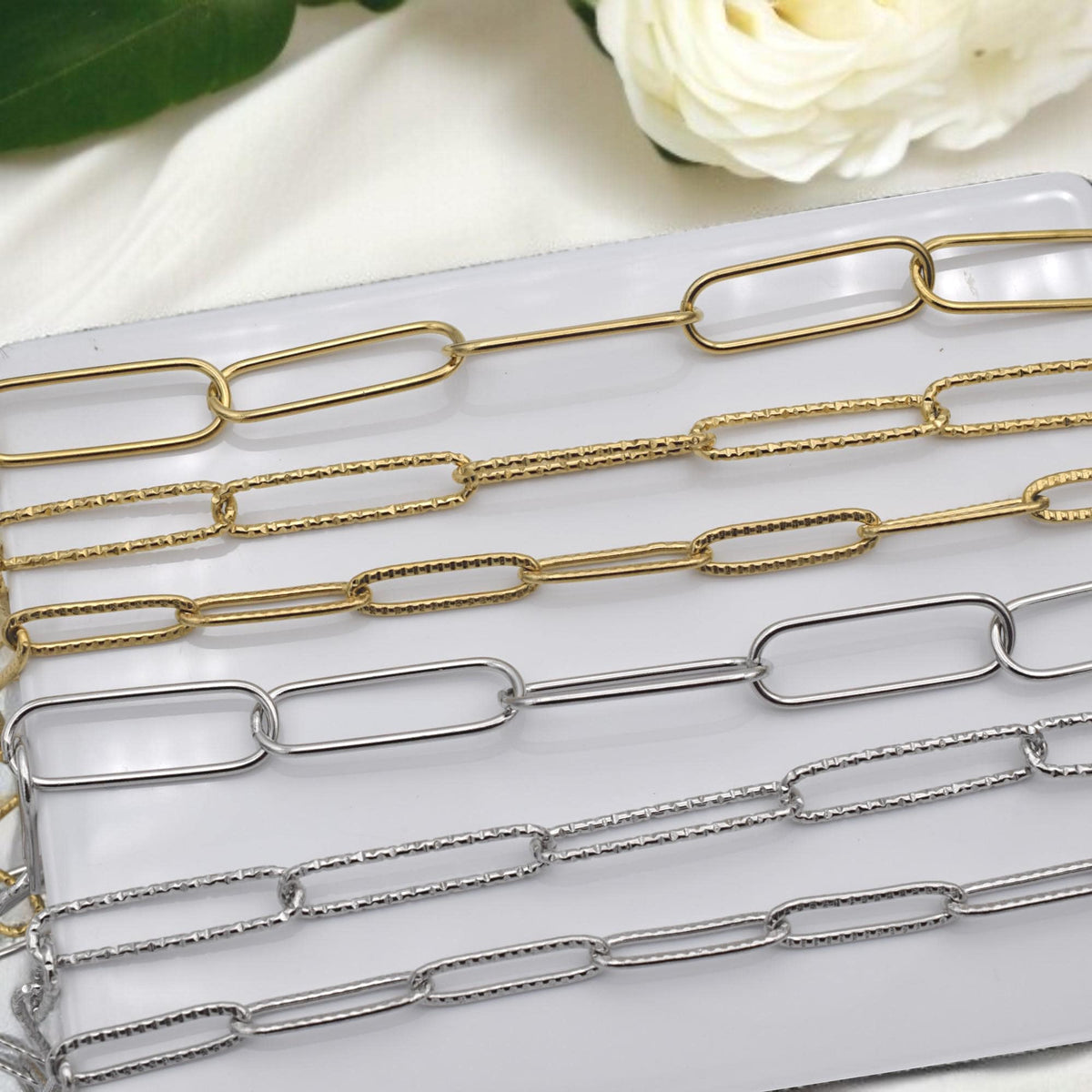 Gold Finish Paperclip Chain Links: Rectangular Hammered & Smooth, Stainless Steel | Custom Lengths, Jewelry Making Supplies