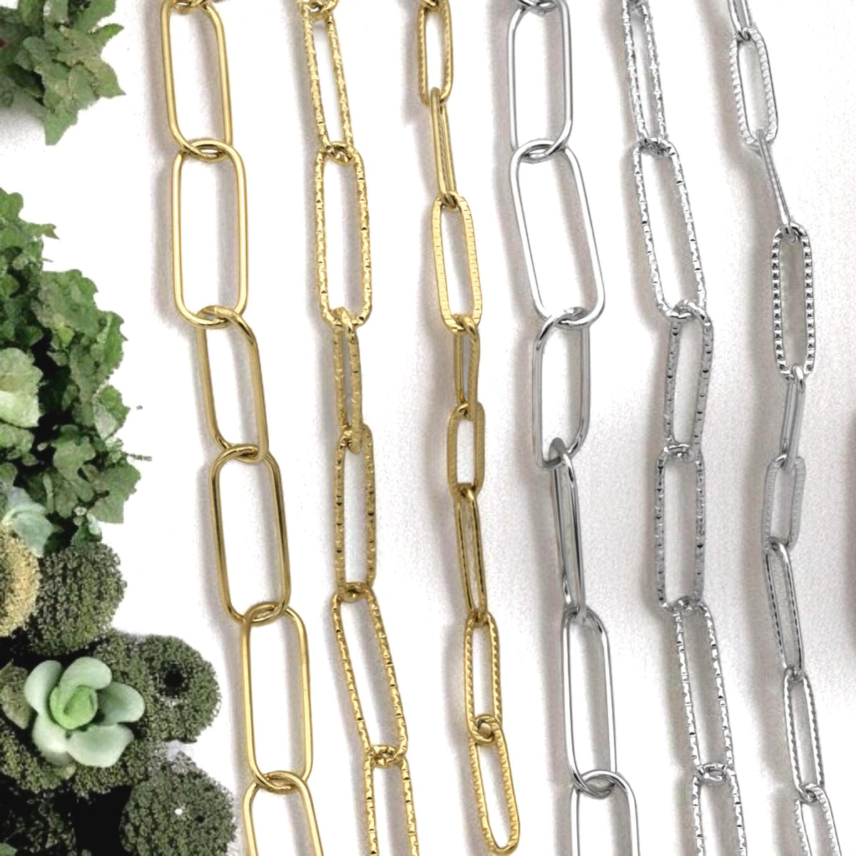 Gold Finish Paperclip Chain Links: Rectangular Hammered & Smooth, Stainless Steel | Custom Lengths, Jewelry Making Supplies