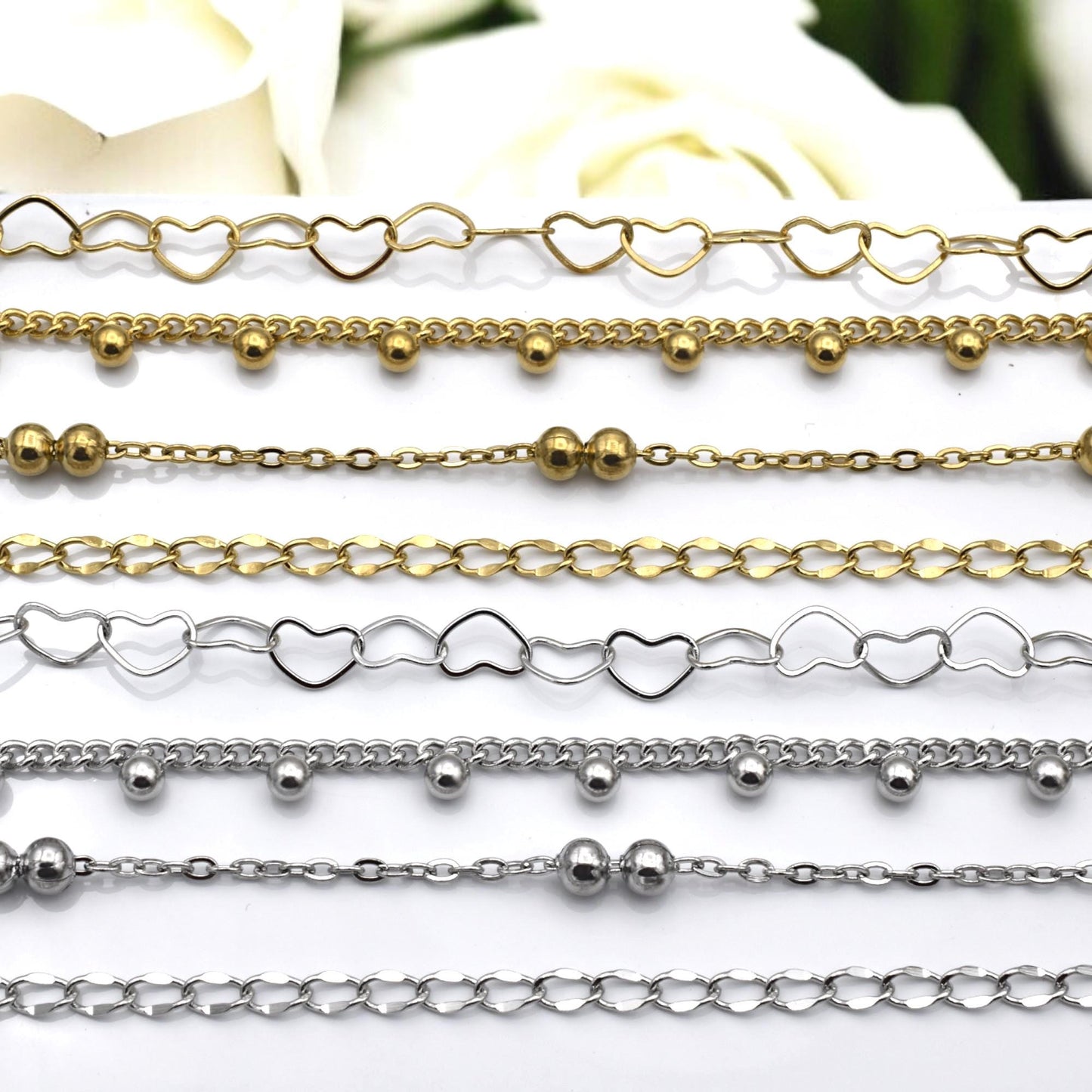 Bead Accent Chain Heart Links: Gold Finishing Dainty Stainless Steel | Jewelry Making, Sold by Yard, Durable Design