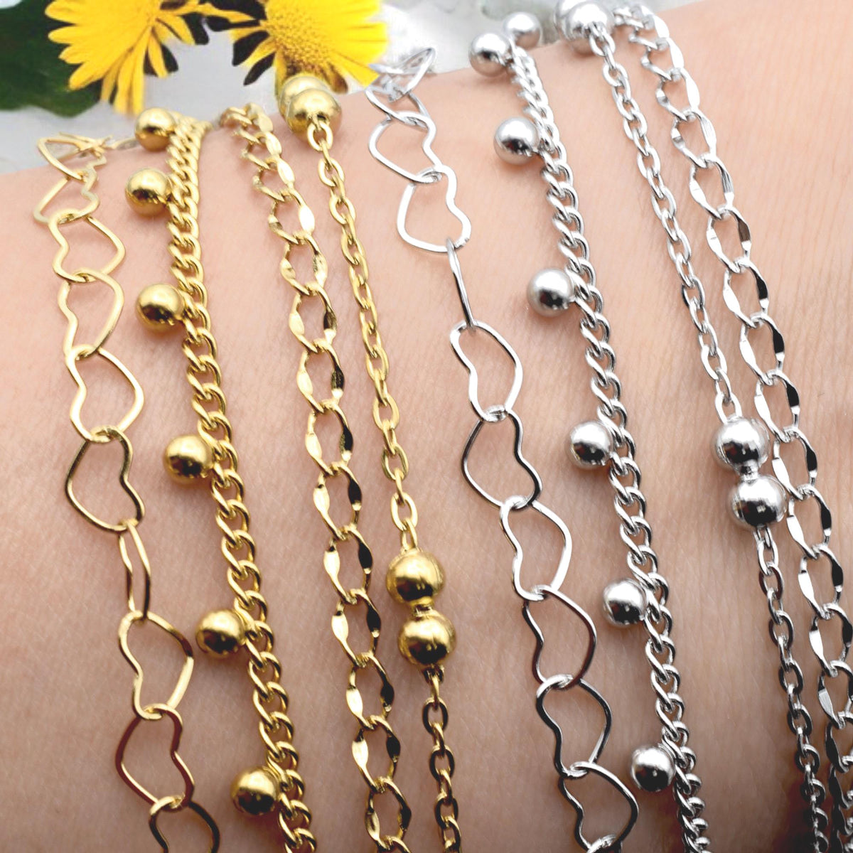Bead Accent Chain Heart Links: Gold Finishing Dainty Stainless Steel | Jewelry Making, Sold by Yard, Durable Design