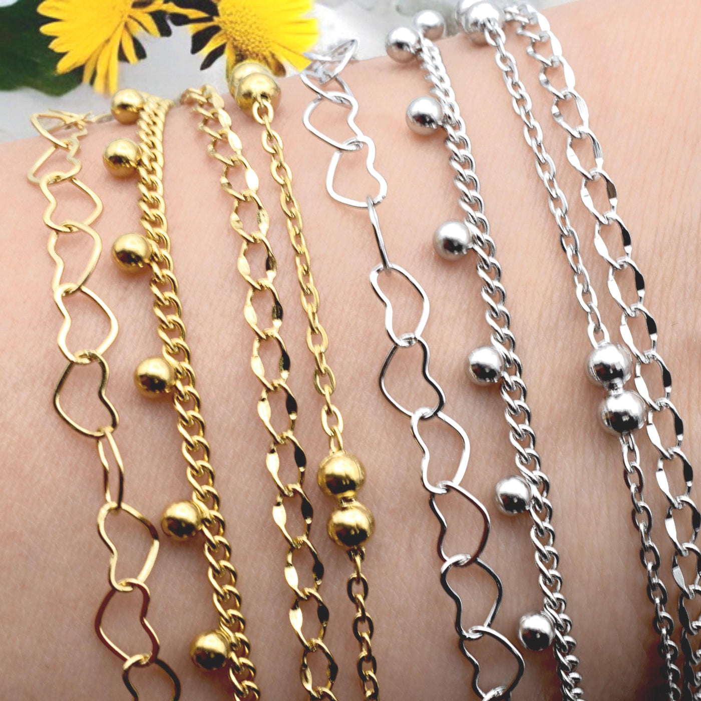 Stainless Steel Heart Bead Accent Chain Links Gold plated and Silver Chains for Jewelry Making Dainty Link Chain for Bracelets Necklaces