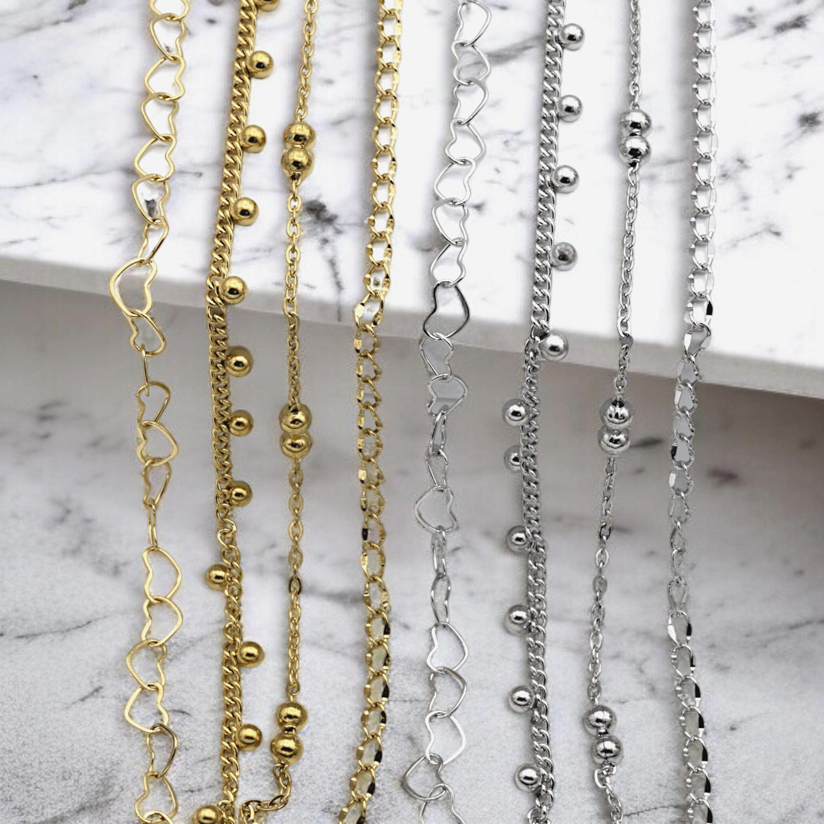 Bead Accent Chain Heart Links: Gold Finishing Dainty Stainless Steel | Jewelry Making, Sold by Yard, Durable Design
