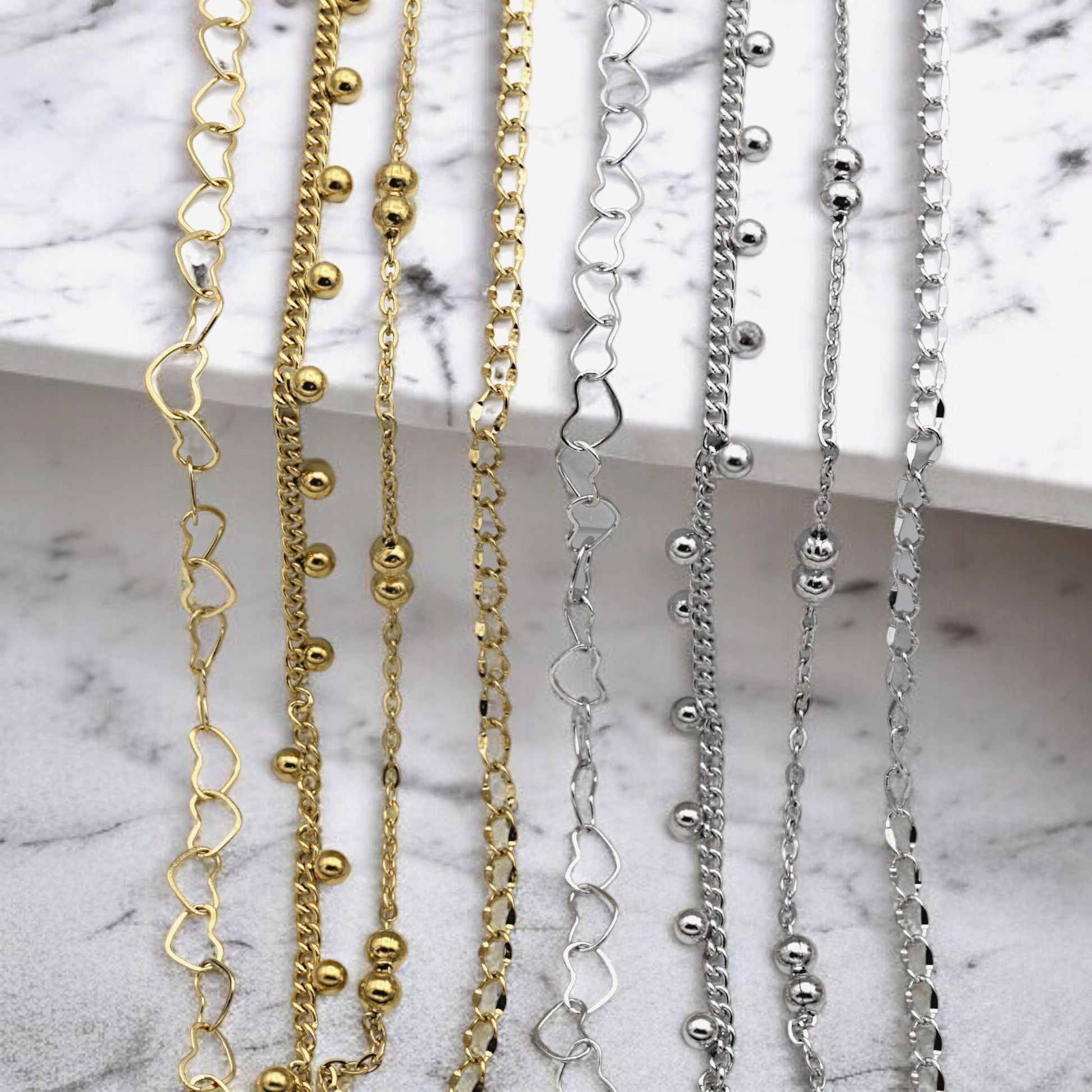 Bead Accent Chain Heart Links: Gold Finishing Dainty Stainless Steel | Jewelry Making, Sold by Yard, Durable Design