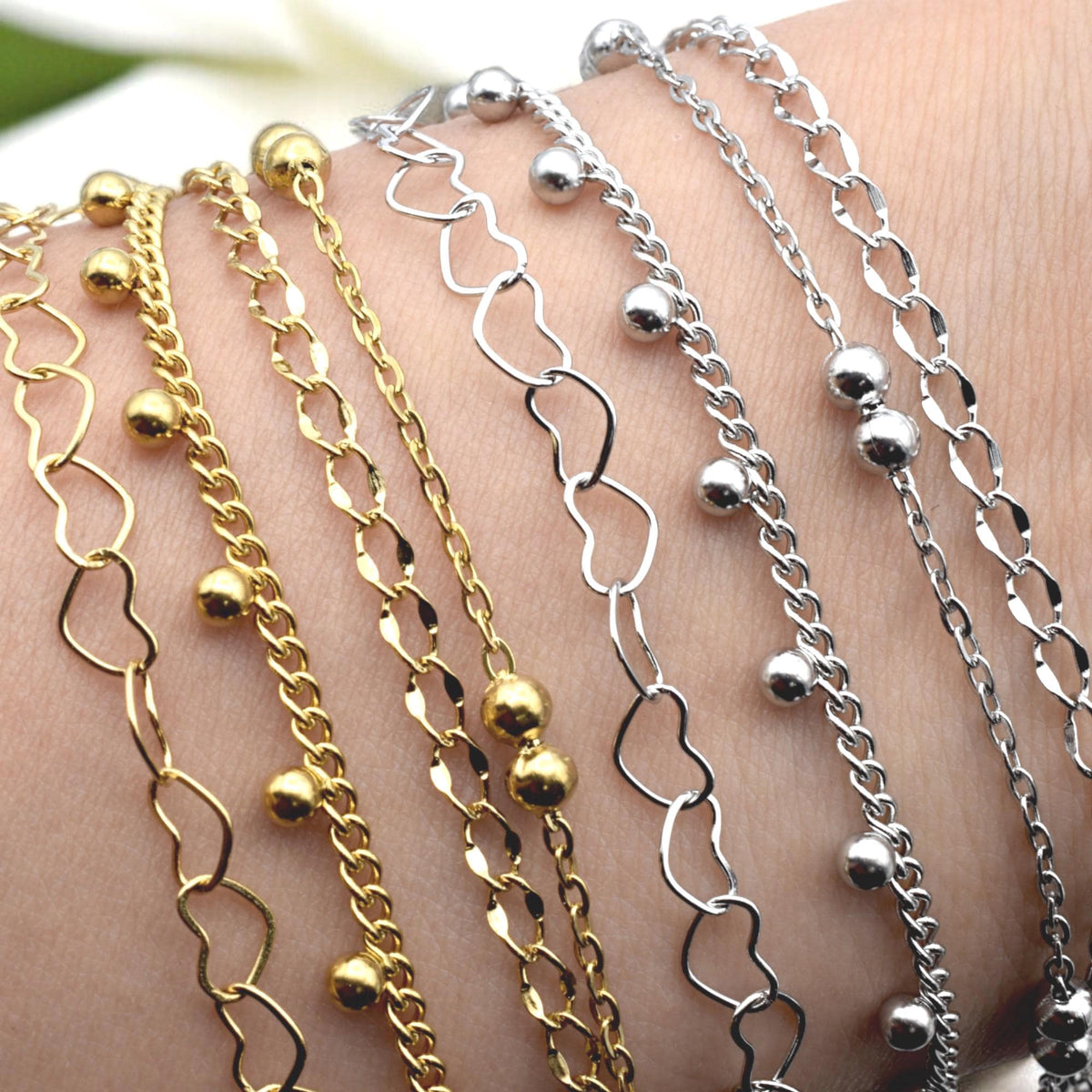 Bead Accent Chain Heart Links: Gold Finishing Dainty Stainless Steel | Jewelry Making, Sold by Yard, Durable Design