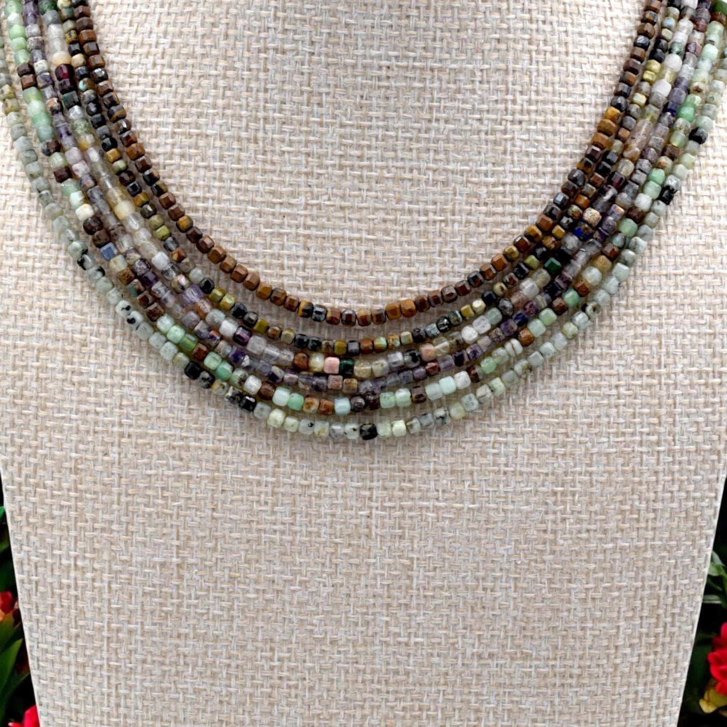 2 3mm Cube Cut Mixed Gemstone Beads, Faceted Square Natural Stones (Tiger Eye, Jasper, Fluorite, Pastel Earthy Colors, 15.5 Inches)