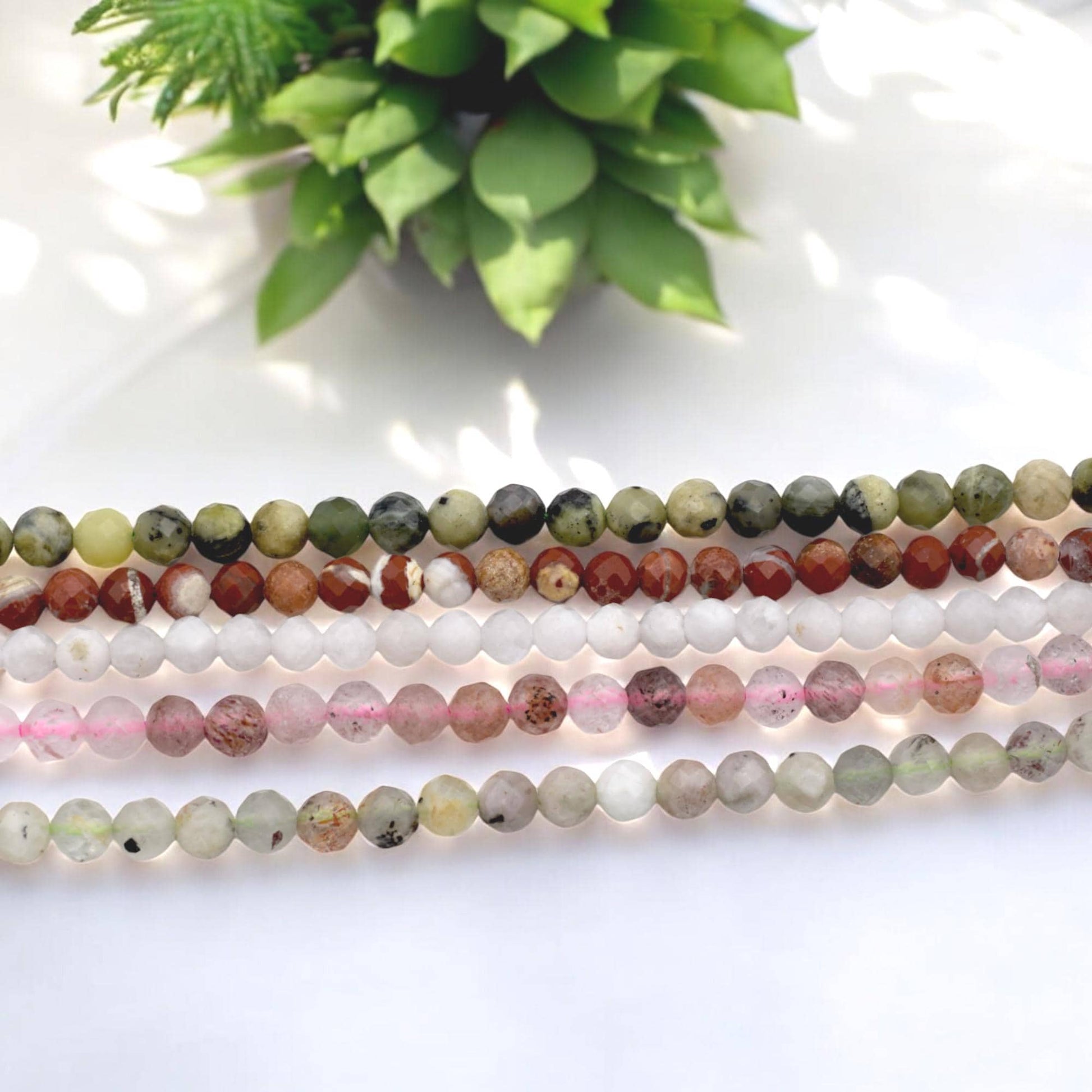 4mm Faceted Round Mixed Stone Strand Natural Gemstone Beads, Earth Tones (Strawberry Quartz, Moonstone, Jasper, Semi Precious)