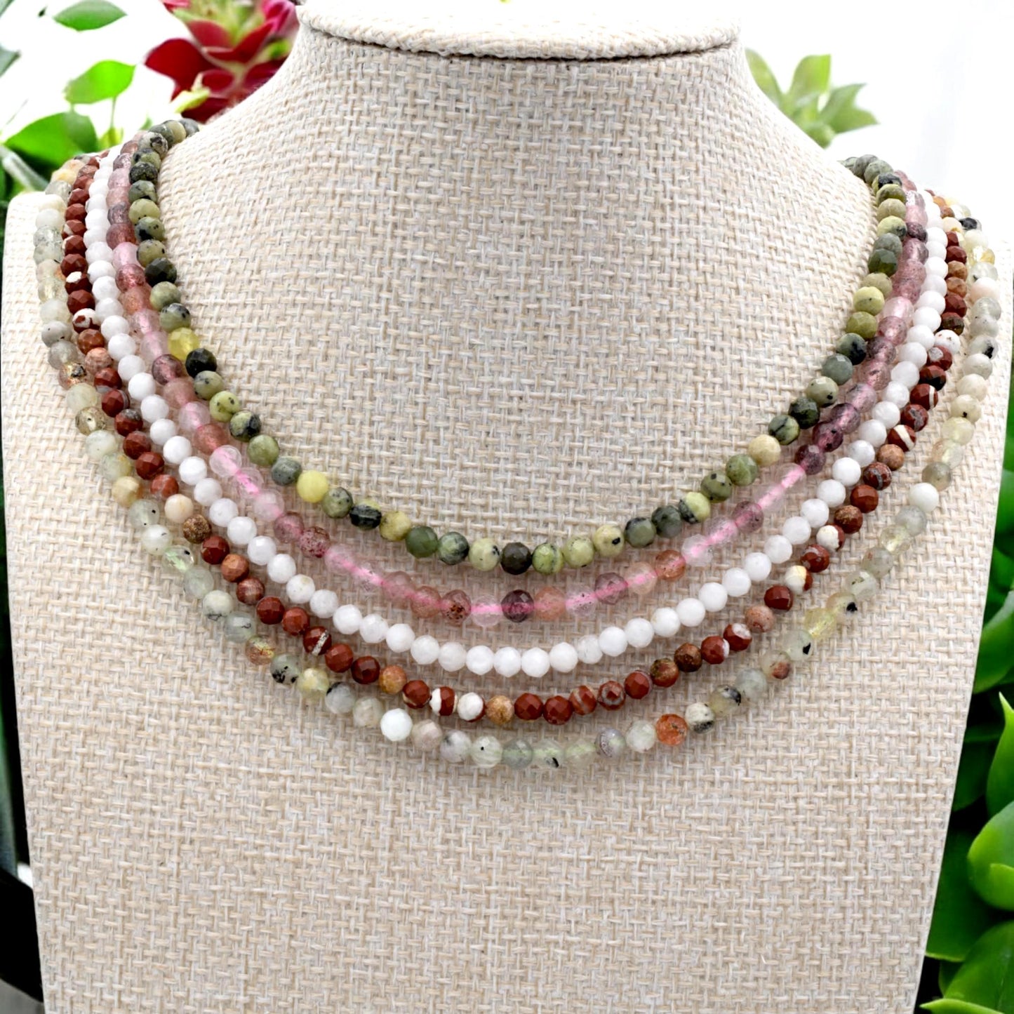4mm Faceted Round Mixed Stone Strand Natural Gemstone Beads, Earth Tones (Strawberry Quartz, Moonstone, Jasper, Semi Precious)