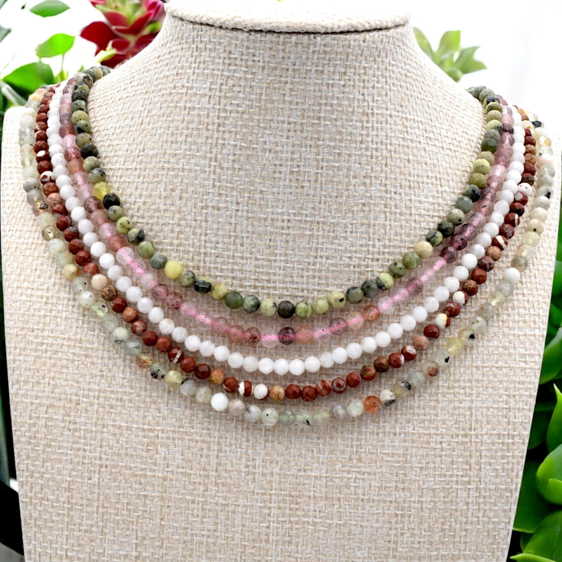 4mm Faceted Round Mixed Stone Strand Natural Gemstone Beads, Earth Tones (Strawberry Quartz, Moonstone, Jasper, Semi Precious)