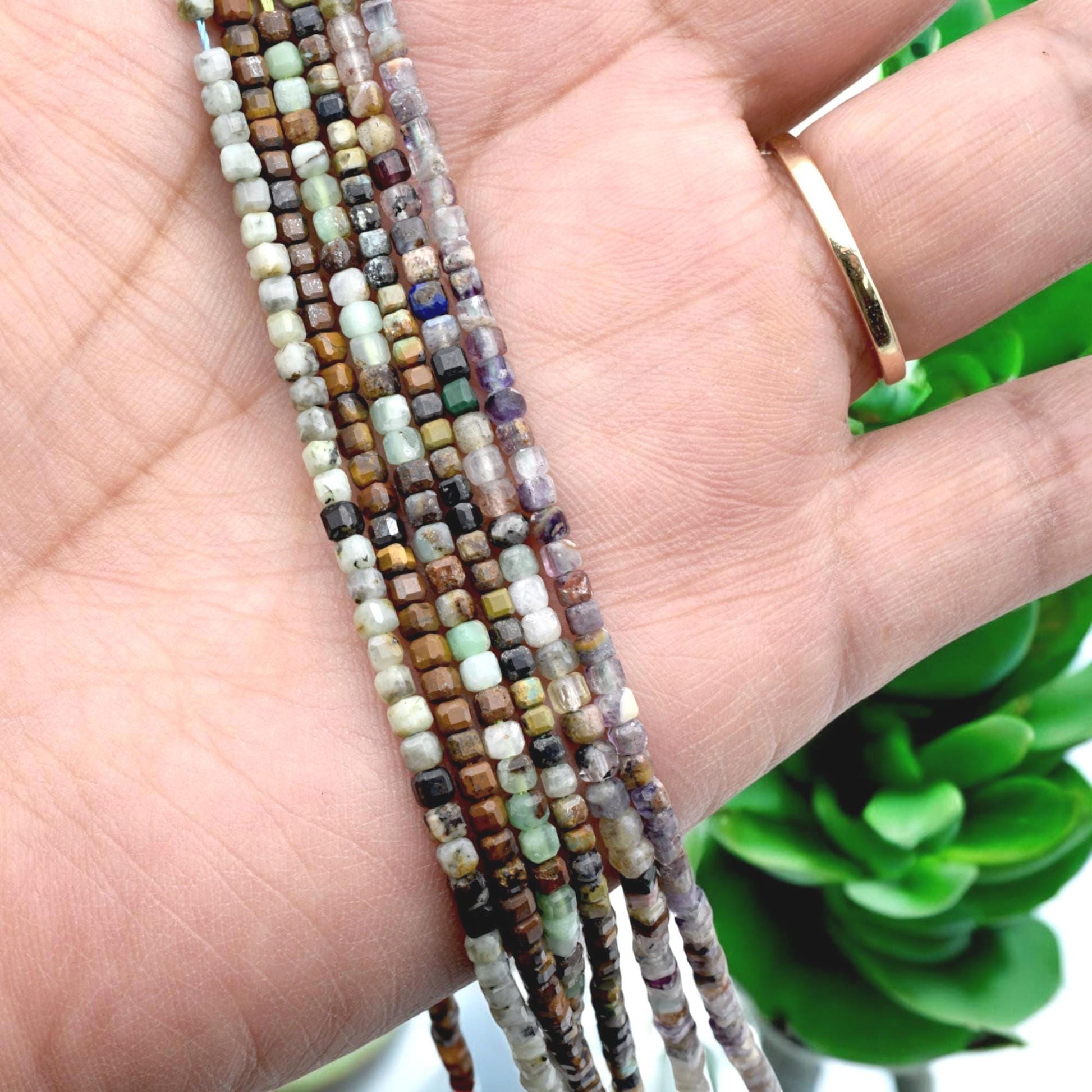 2 3mm Cube Cut Mixed Gemstone Beads, Faceted Square Natural Stones (Tiger Eye, Jasper, Fluorite, Pastel Earthy Colors, 15.5 Inches)