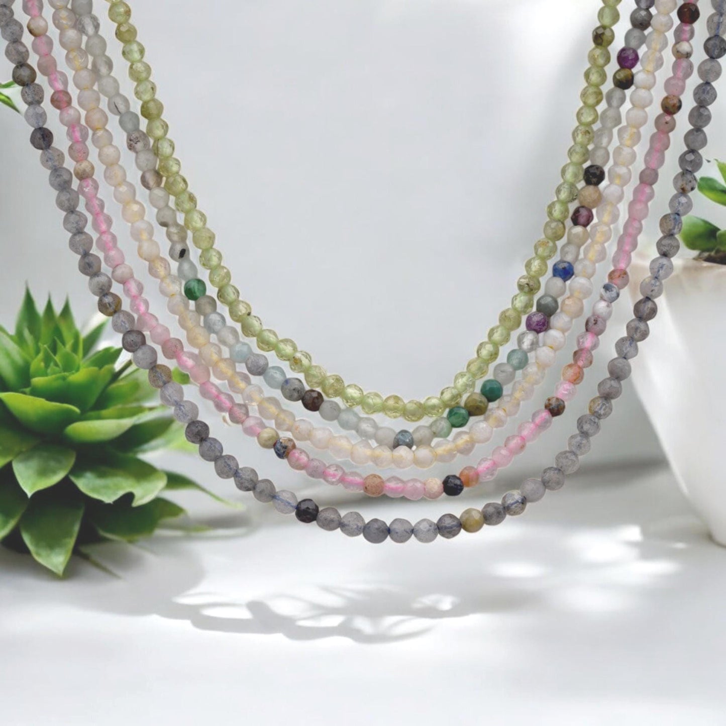 Faceted Round Mixed Stone Beads Micro Strand, 2.5mm Pastel Semi Precious Gemstones (Polished Faceted, Multiple Strand Lengths)