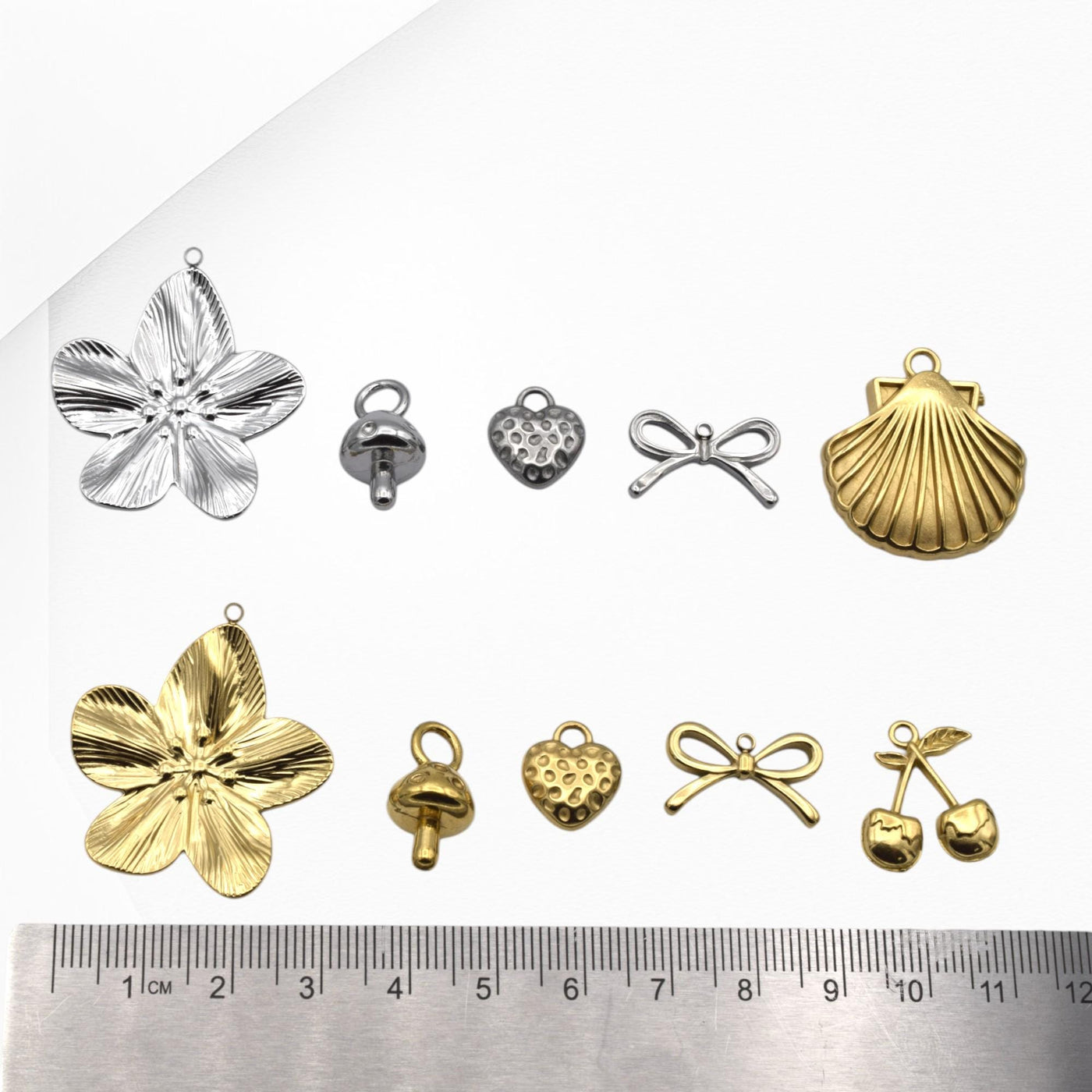 Stainless Steel Gold & Silver Charm Mix – Blossom Flower, Shell, Bow, Textured Heart, Cherry End‑Cap Pendants for DIY Jewe...