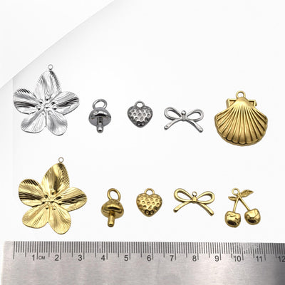 Stainless Steel Gold & Silver Charm Mix – Blossom Flower, Shell, Bow, Textured Heart, Cherry End‑Cap Pendants for DIY Jewe...