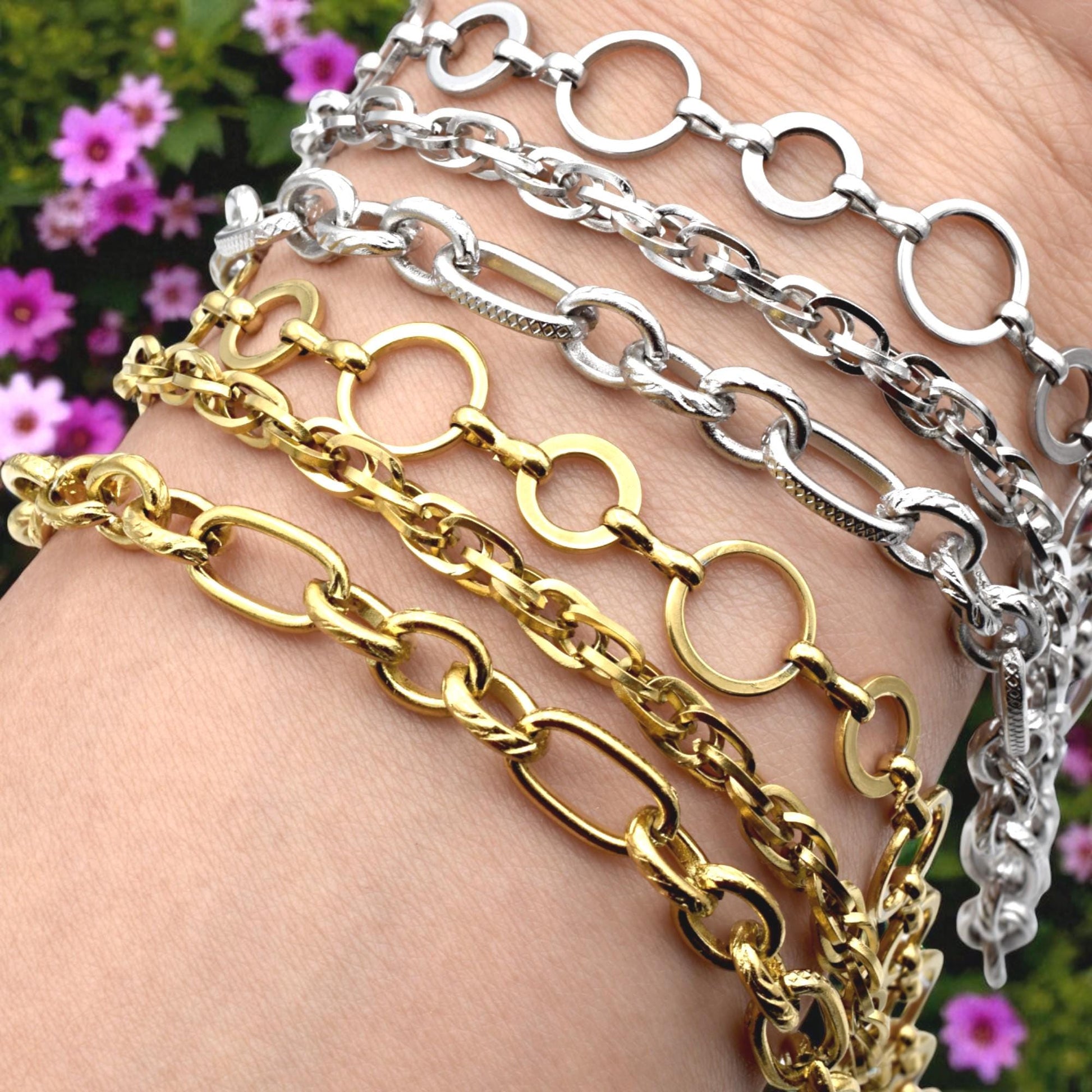 Textured Chain Links Oval - Gold & Silver Mixed Metal Chains - Jewelry Making Supplies, Durable Steel, Custom Length by Yard