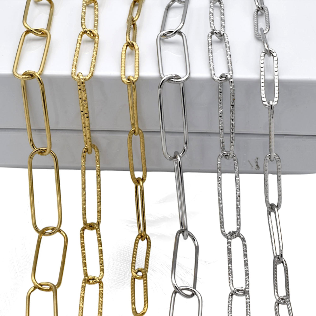 Gold Finish Paperclip Chain Links: Rectangular Hammered & Smooth, Stainless Steel | Custom Lengths, Jewelry Making Supplies
