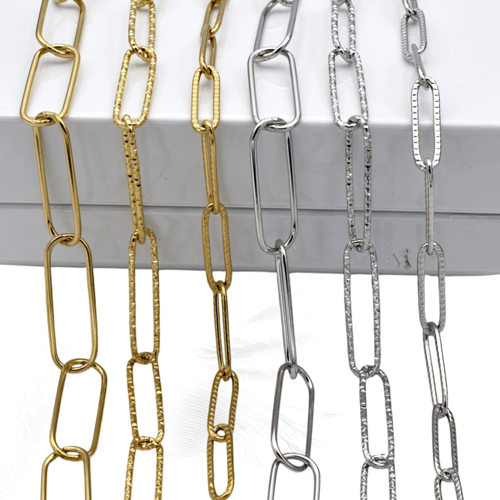Gold Finish Paperclip Chain Links: Rectangular Hammered & Smooth, Stainless Steel | Custom Lengths, Jewelry Making Supplies