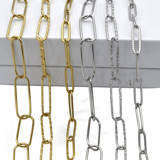 Gold Finish Paperclip Chain Links: Rectangular Hammered & Smooth, Stainless Steel | Custom Lengths, Jewelry Making Supplies