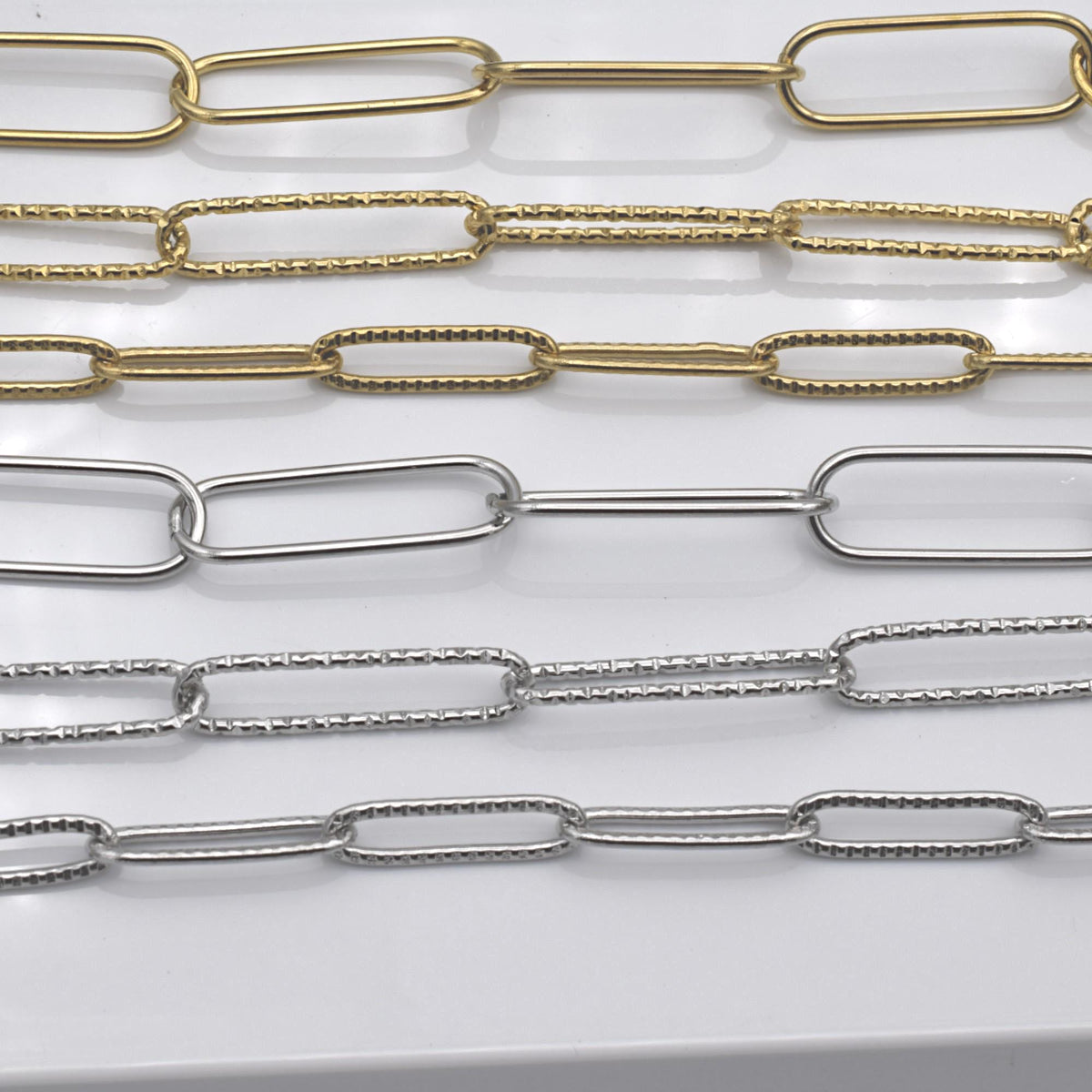 Gold Finish Paperclip Chain Links: Rectangular Hammered & Smooth, Stainless Steel | Custom Lengths, Jewelry Making Supplies