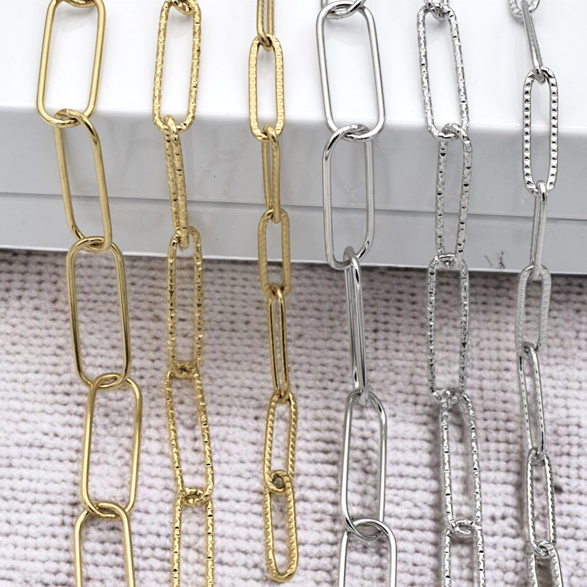 Gold Finish Paperclip Chain Links: Rectangular Hammered & Smooth, Stainless Steel | Custom Lengths, Jewelry Making Supplies