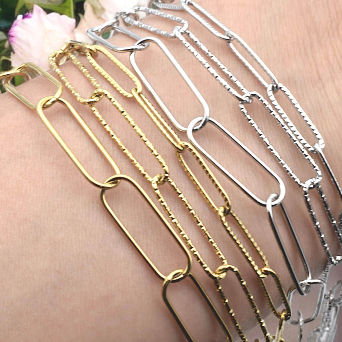 Gold Finish Paperclip Chain Links: Rectangular Hammered & Smooth, Stainless Steel | Custom Lengths, Jewelry Making Supplies