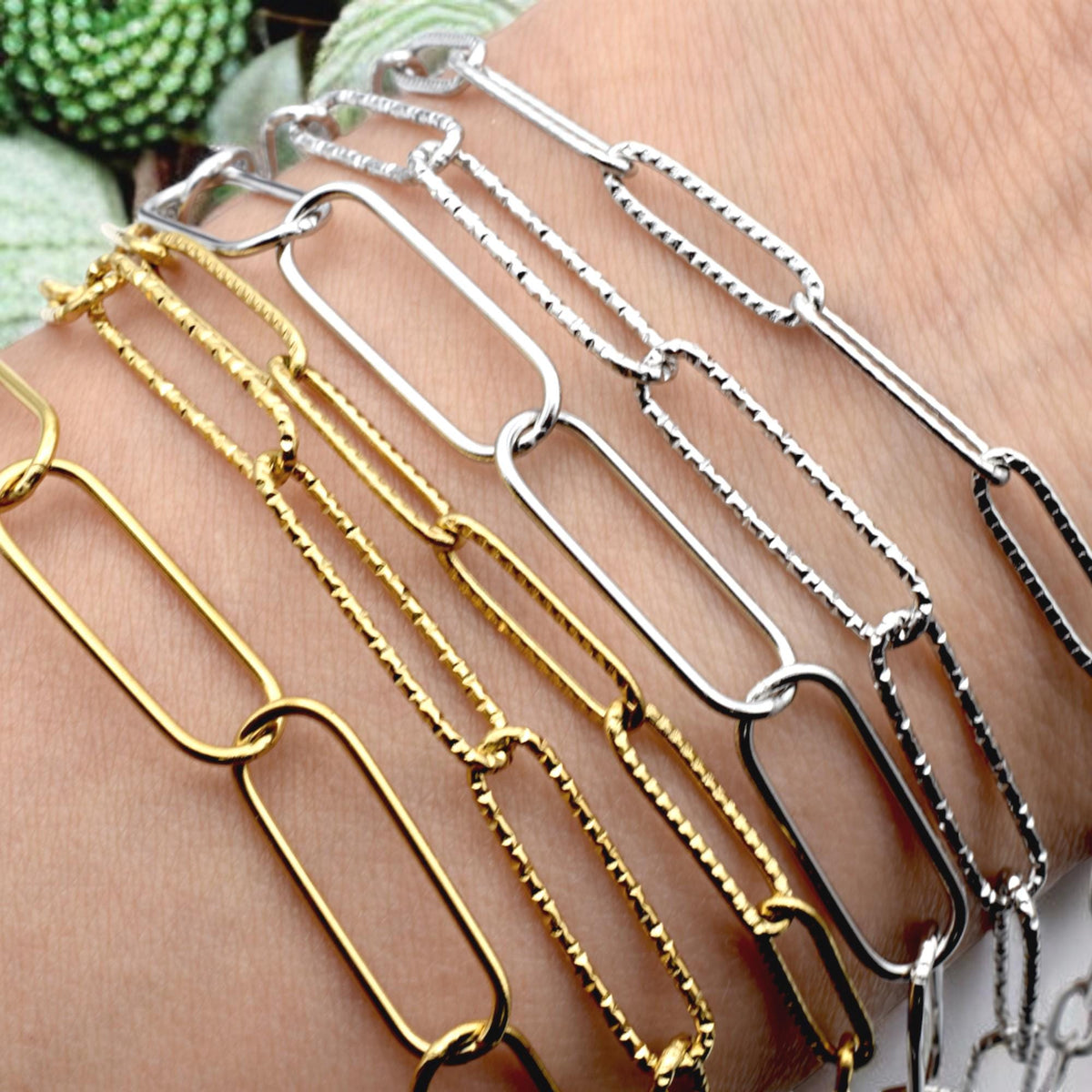 Gold Finish Paperclip Chain Links: Rectangular Hammered & Smooth, Stainless Steel | Custom Lengths, Jewelry Making Supplies