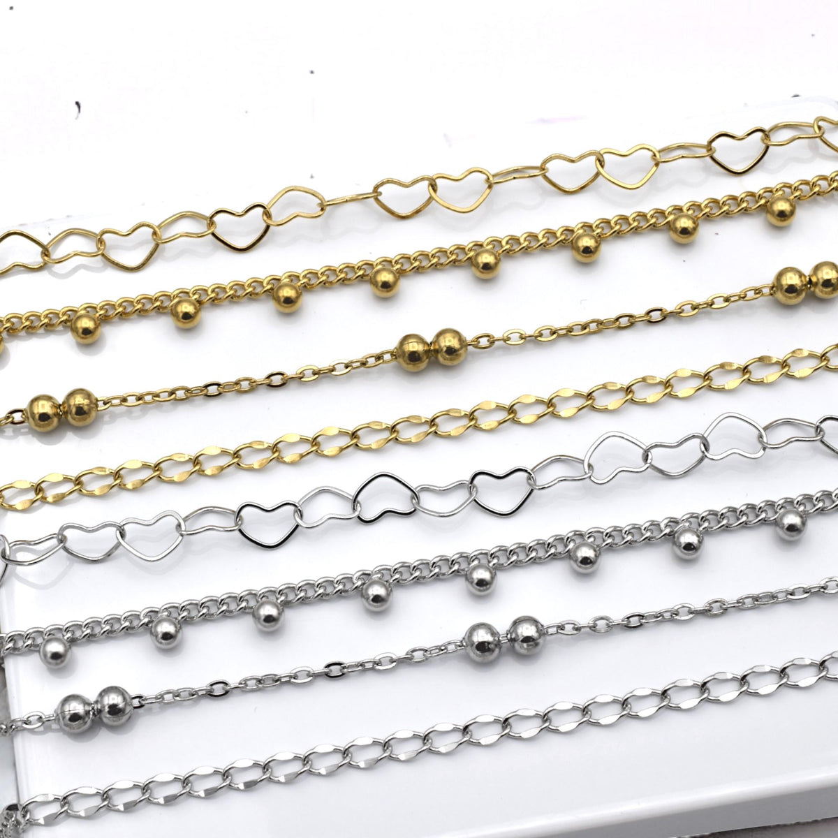 Bead Accent Chain Heart Links: Gold Finishing Dainty Stainless Steel | Jewelry Making, Sold by Yard, Durable Design