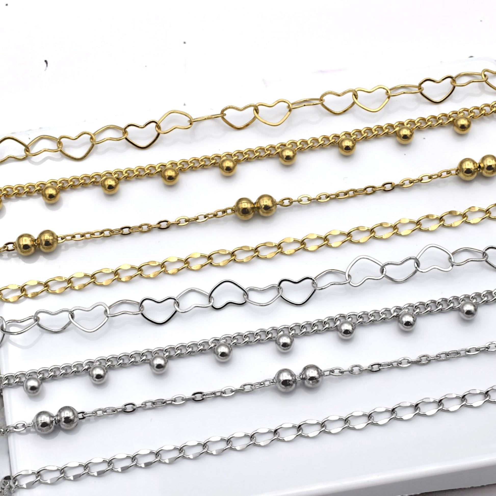 Bead Accent Chain Heart Links: Gold Finishing Dainty Stainless Steel | Jewelry Making, Sold by Yard, Durable Design
