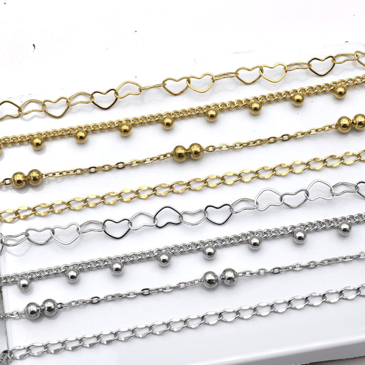 Bead Accent Chain Heart Links: Gold Finishing Dainty Stainless Steel | Jewelry Making, Sold by Yard, Durable Design