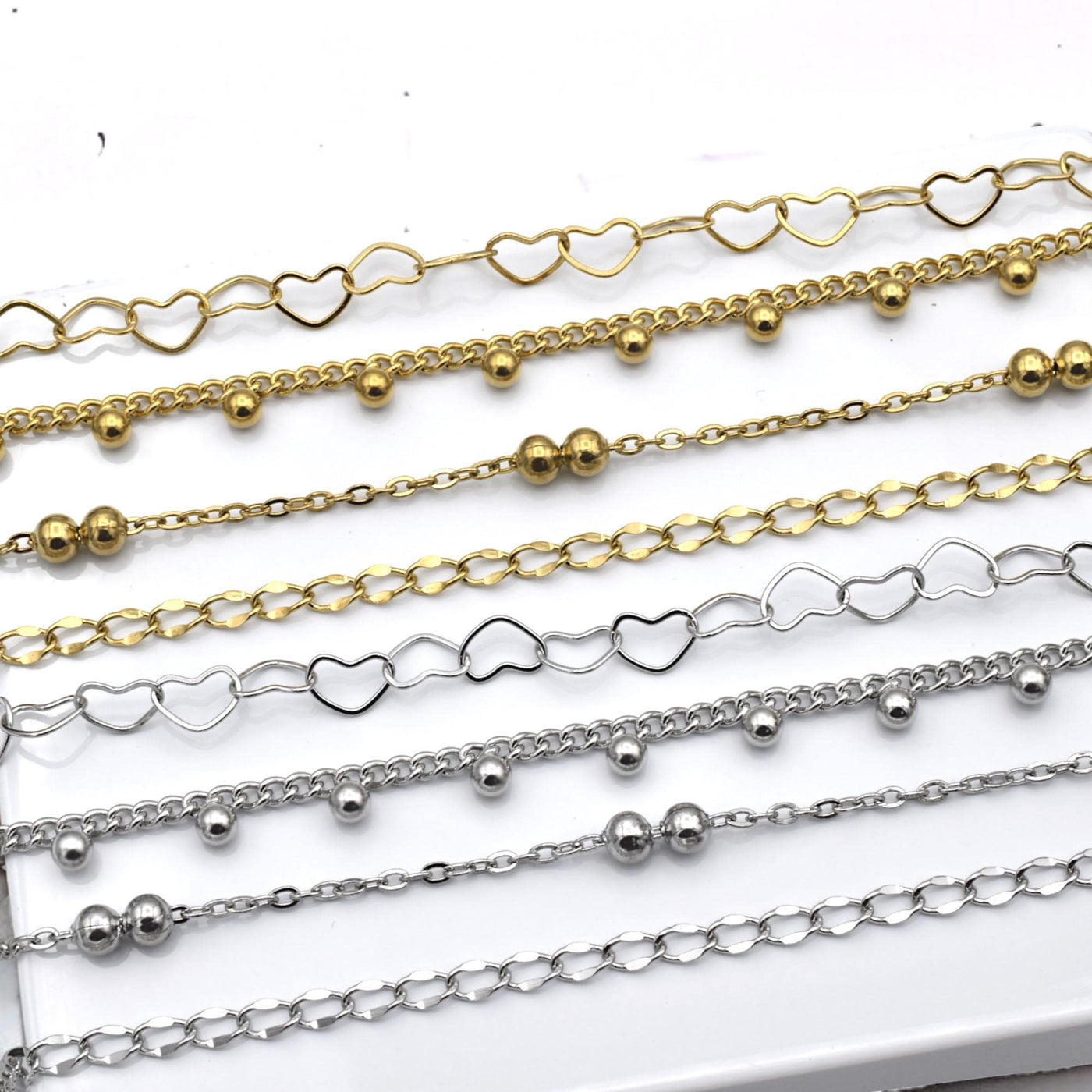 Stainless Steel Heart Bead Accent Chain Links Gold plated and Silver Chains for Jewelry Making Dainty Link Chain for Bracelets Necklaces