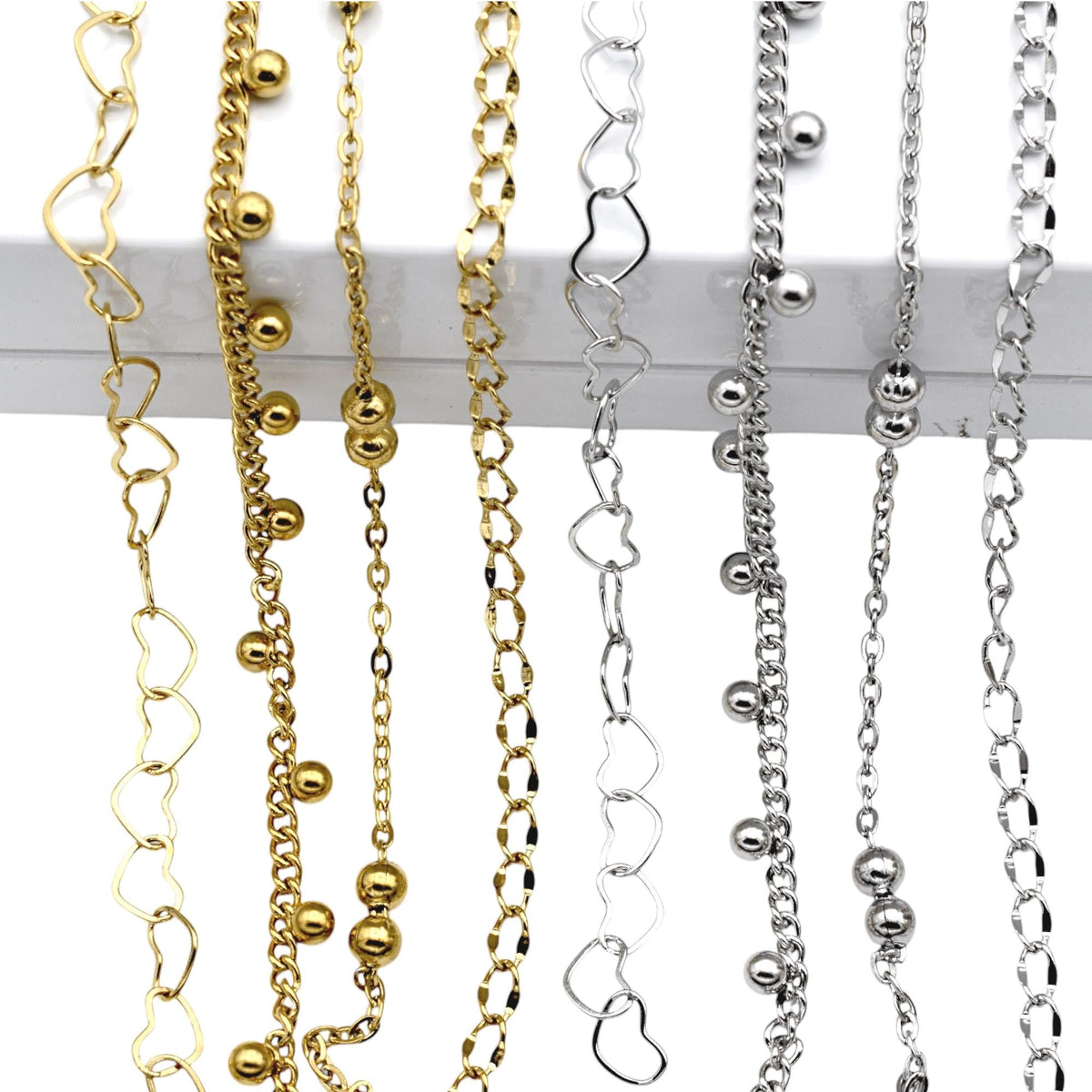 Bead Accent Chain Heart Links: Gold Finishing Dainty Stainless Steel | Jewelry Making, Sold by Yard, Durable Design
