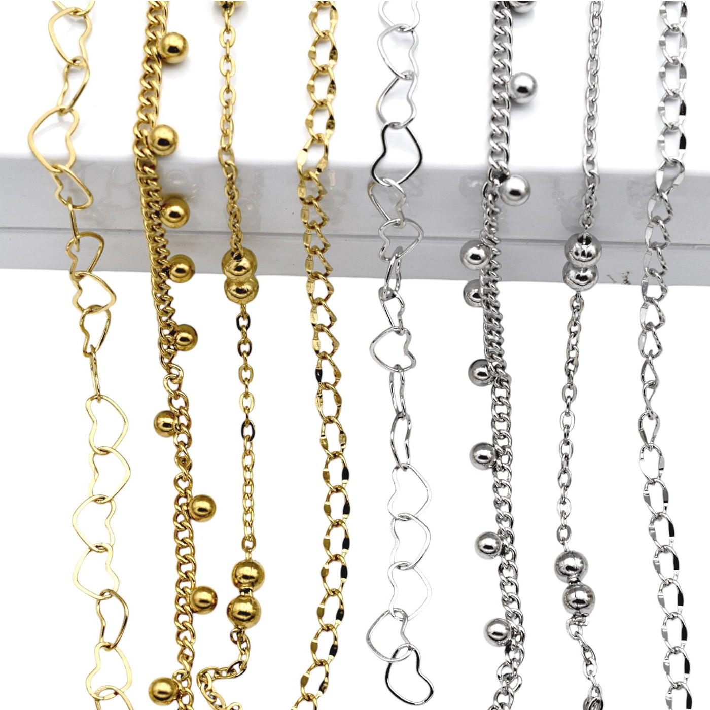 Stainless Steel Heart Bead Accent Chain Links Gold plated and Silver Chains for Jewelry Making Dainty Link Chain for Bracelets Necklaces