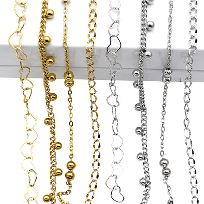 Stainless Steel Heart Bead Accent Chain Links Gold plated and Silver Chains for Jewelry Making Dainty Link Chain for Bracelets Necklaces